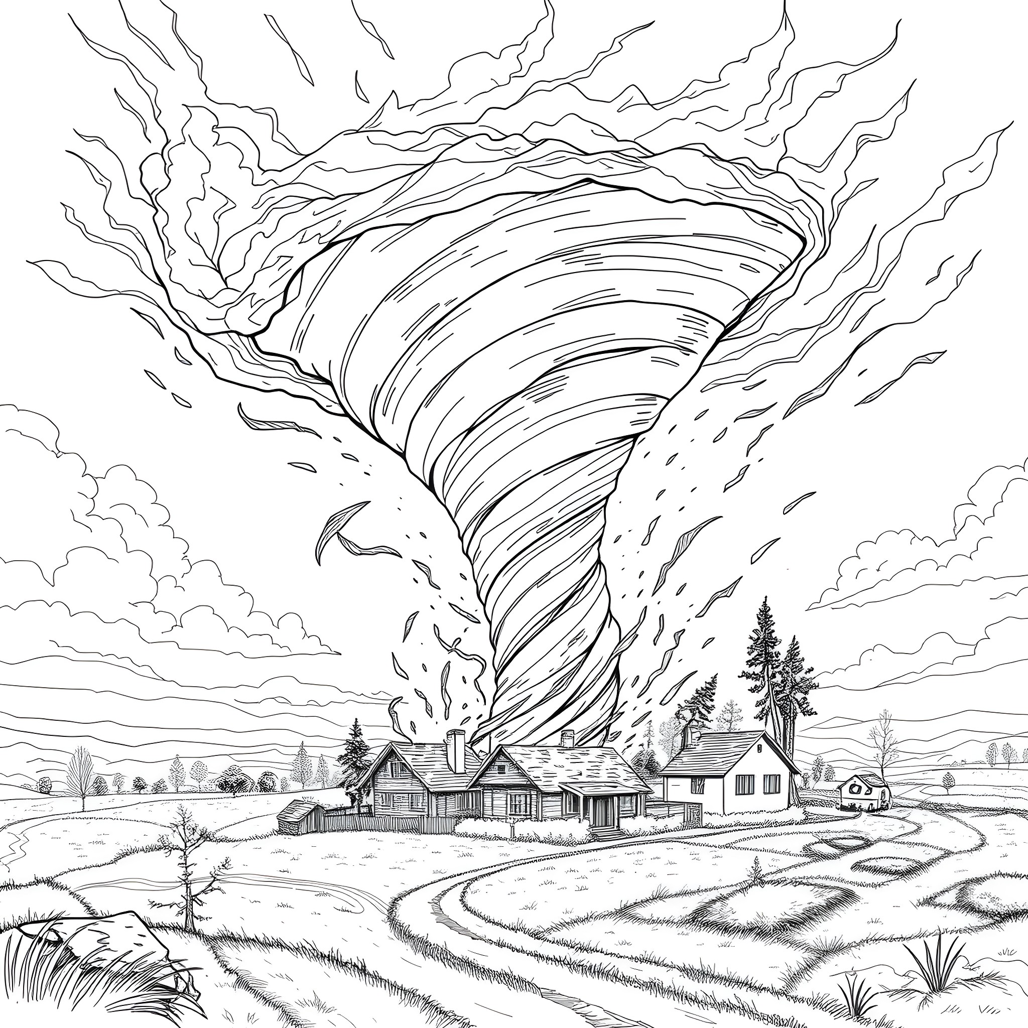 Tornado Striking a Rural Countryside Landscape Coloring Page (free black-and-white line drawing printable PDF for all, from beginners to advanced learners, including children, teens, adults, and seniors)