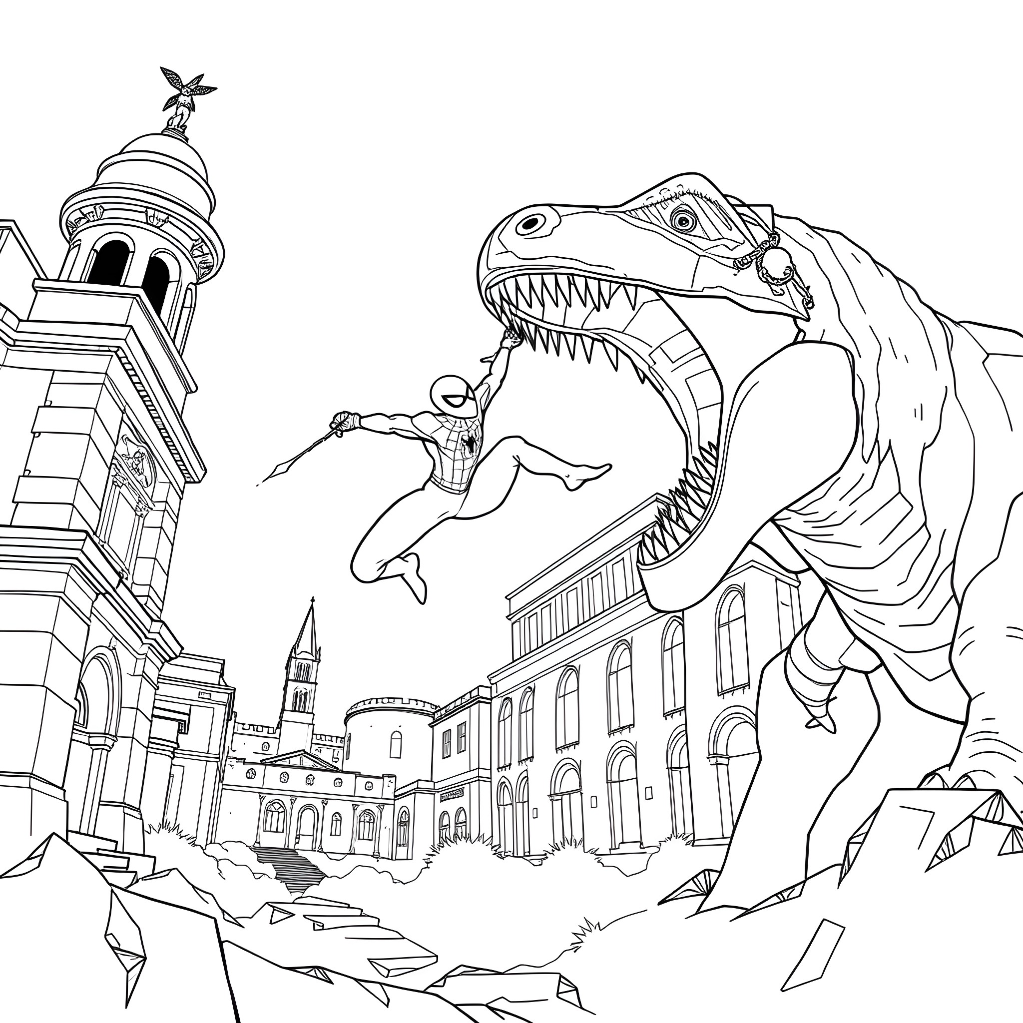 Spiderman battling a fierce dinosaur in a medieval city Coloring Page (free black-and-white line drawing printable PDF for all, from beginners to advanced learners, including children, teens, adults, and seniors)