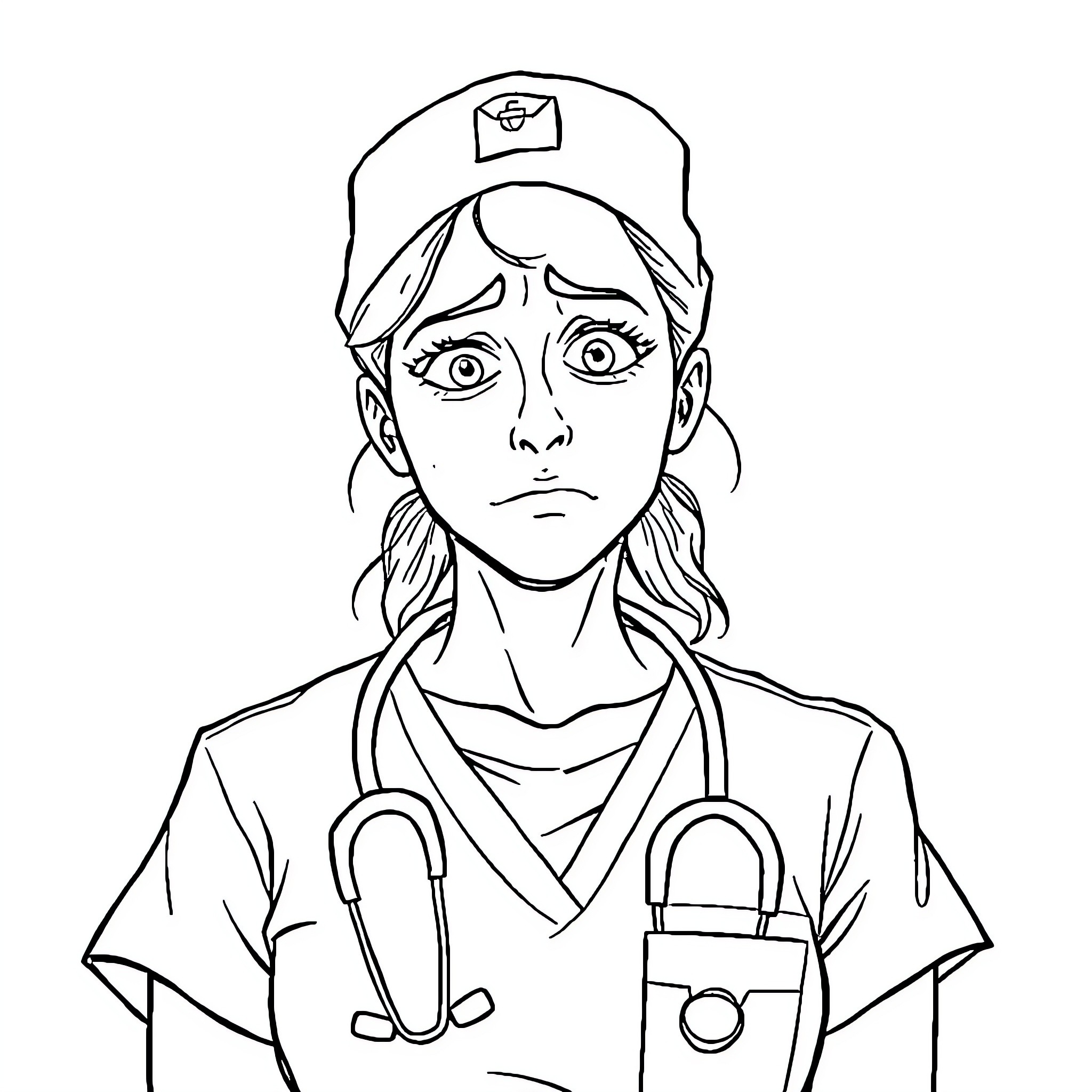Nurse with concerned expression in uniform Coloring Page (free black-and-white line drawing printable PDF for all, from beginners to advanced learners, including children, teens, adults, and seniors)