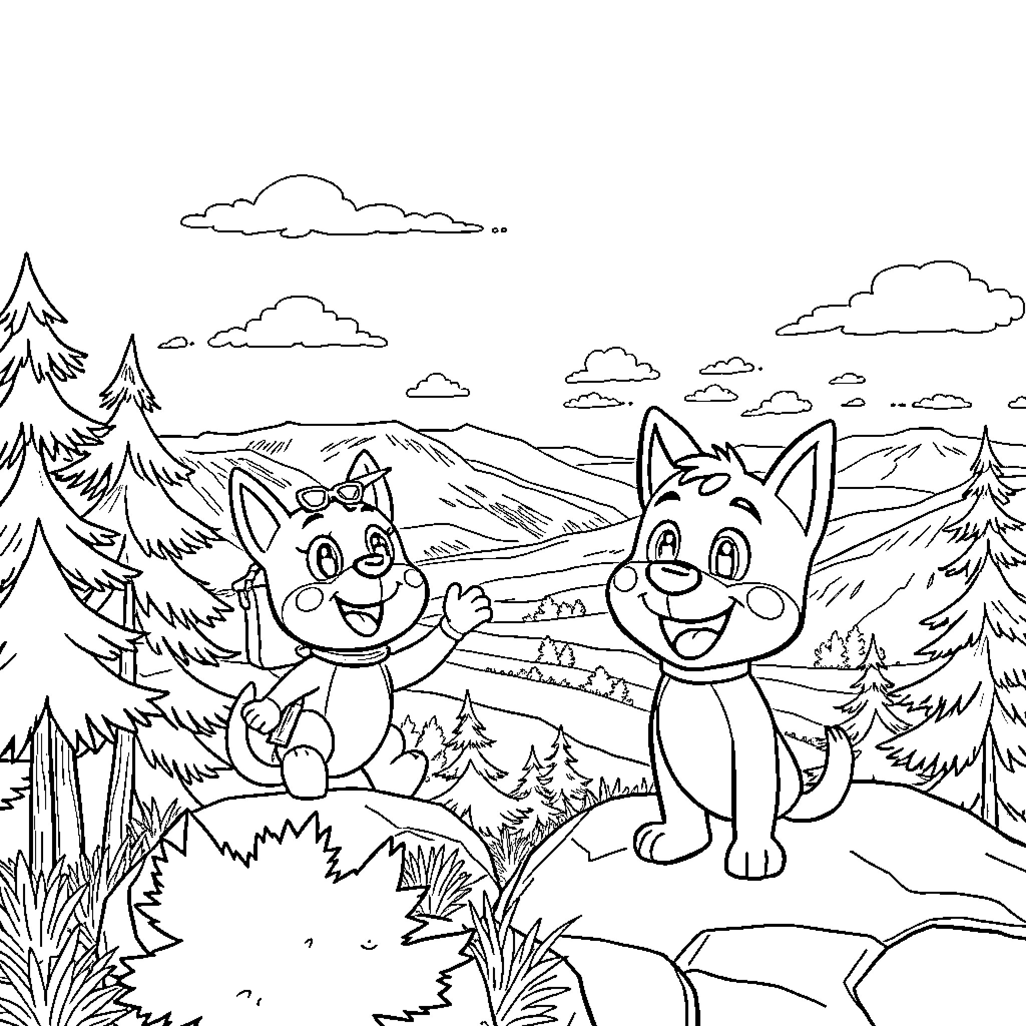 Bluey and Friends Enjoy the Outdoor Adventure Coloring Page (free black-and-white line drawing printable PDF for all, from beginners to advanced learners, including children, teens, adults, and seniors)