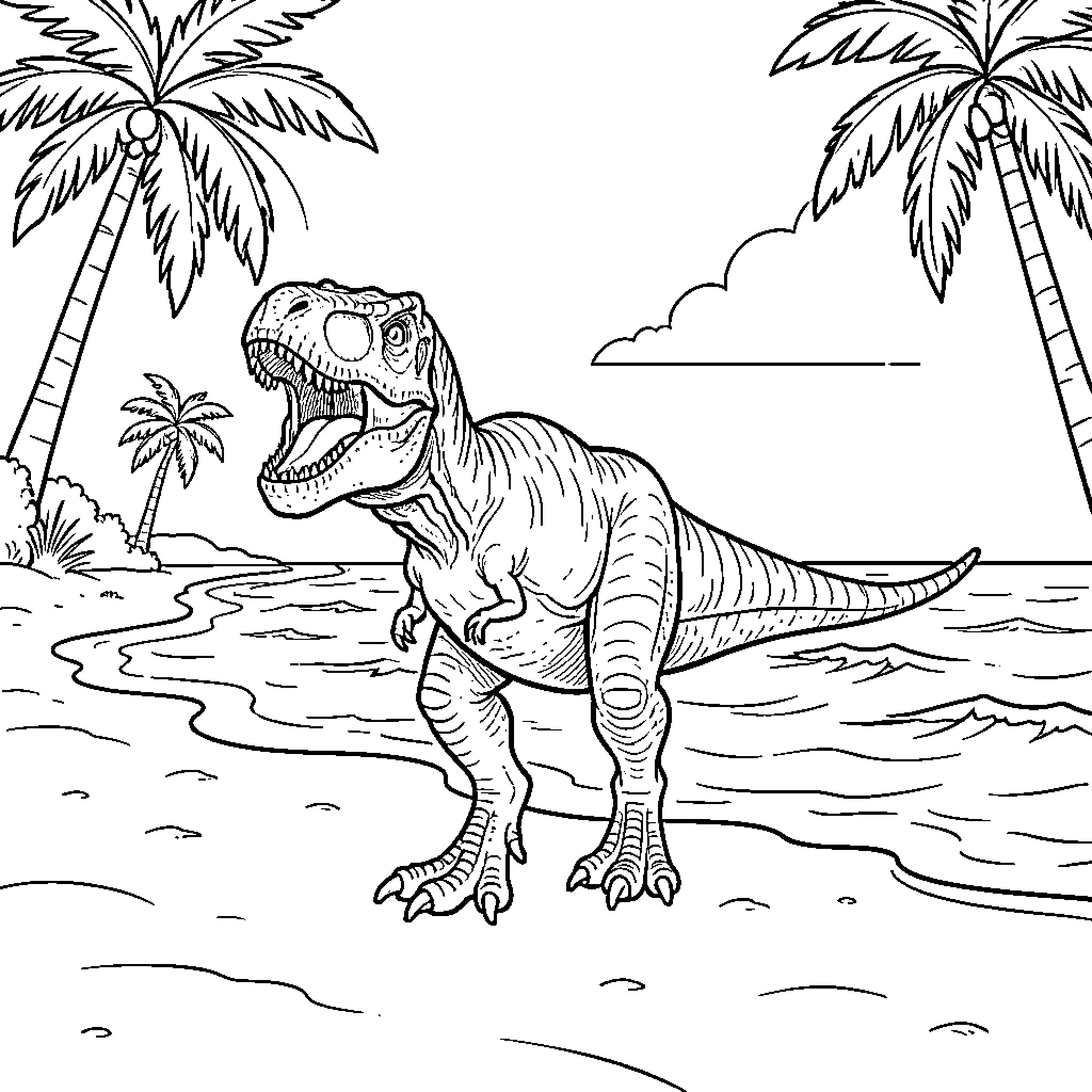 T-Rex roaring loudly on a tropical beach Coloring Page (free black-and-white line drawing printable PDF for all, from beginners to advanced learners, including children, teens, adults, and seniors)