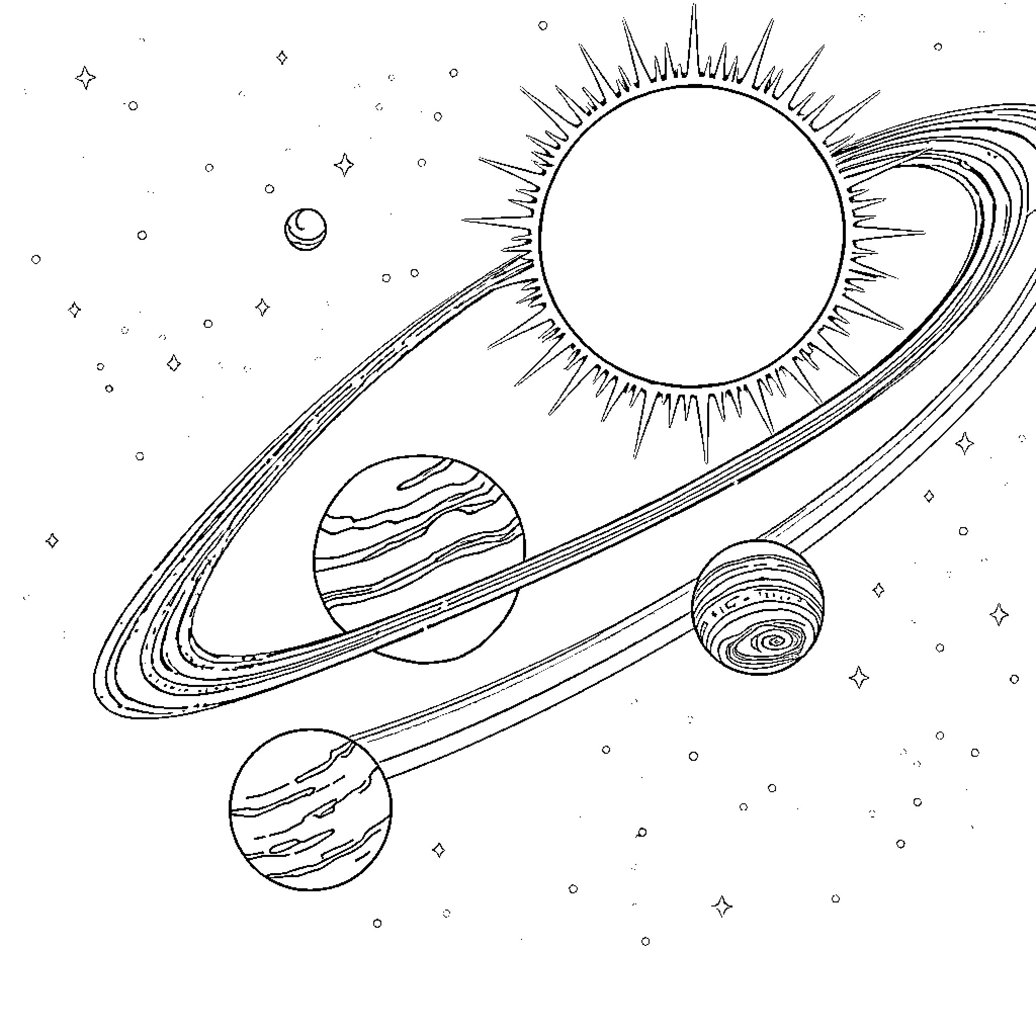 Solar System with Celestial Wonders Coloring Page (free black-and-white line drawing printable PDF for all, from beginners to advanced learners, including children, teens, adults, and seniors)