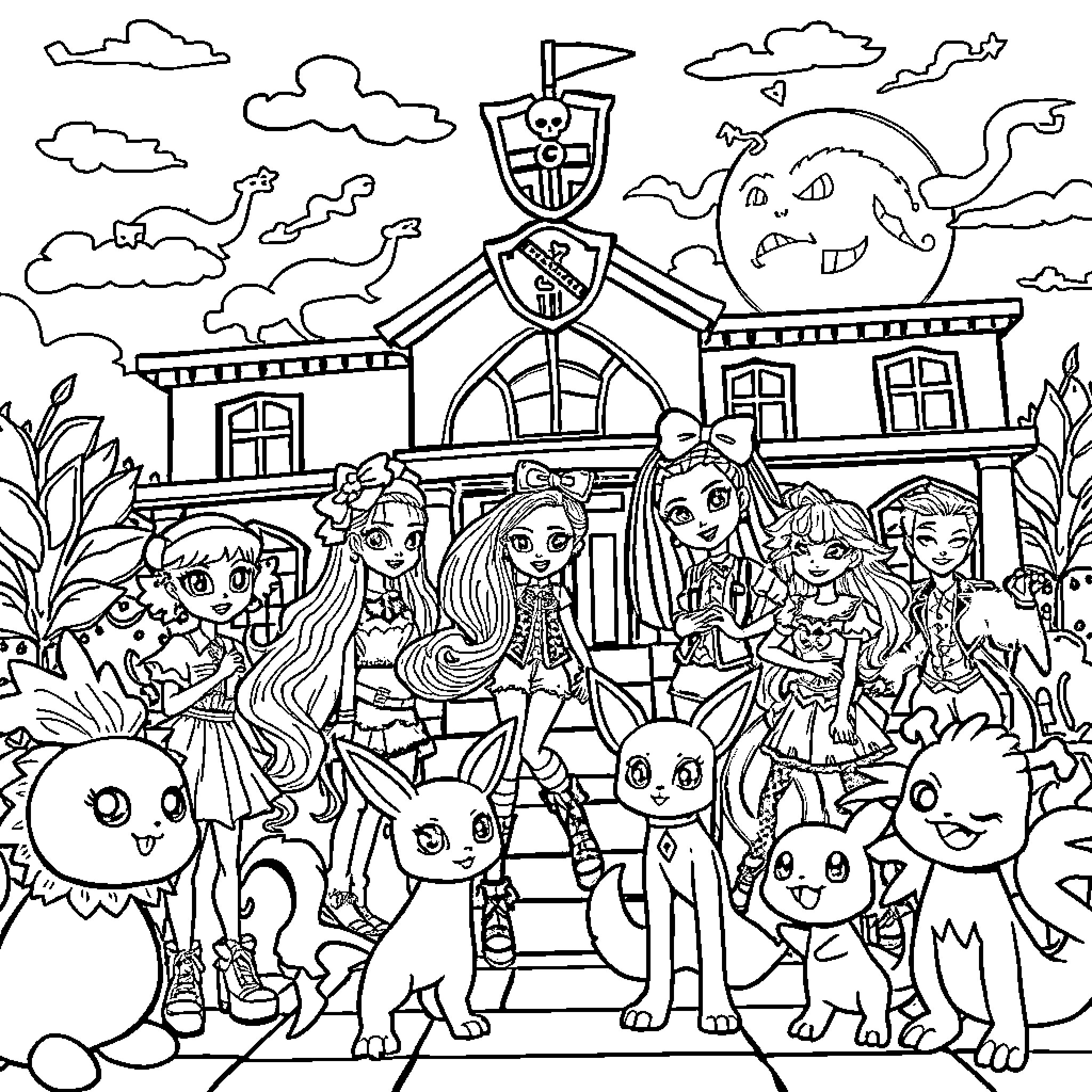 Monster High Students and Creatures Exploring the Spooky School Coloring Page (free black-and-white line drawing printable PDF for all, from beginners to advanced learners, including children, teens, adults, and seniors)