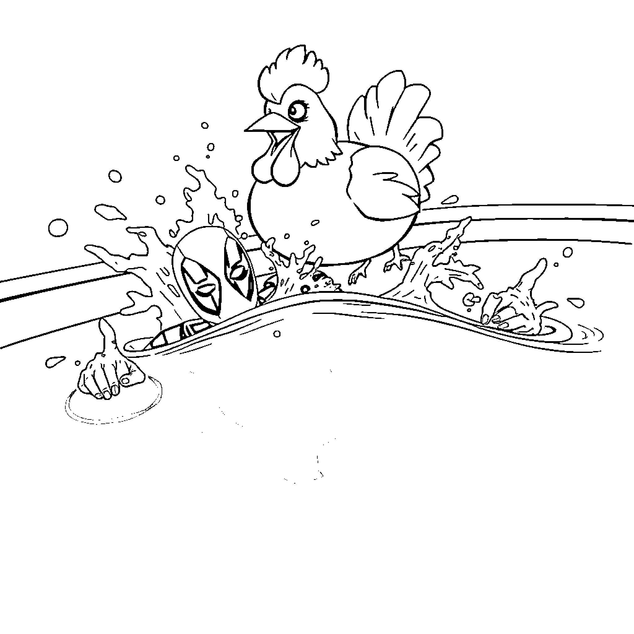 Deadpool Splashing Playfully in the Water Coloring Page (free black-and-white line drawing printable PDF for all, from beginners to advanced learners, including children, teens, adults, and seniors)