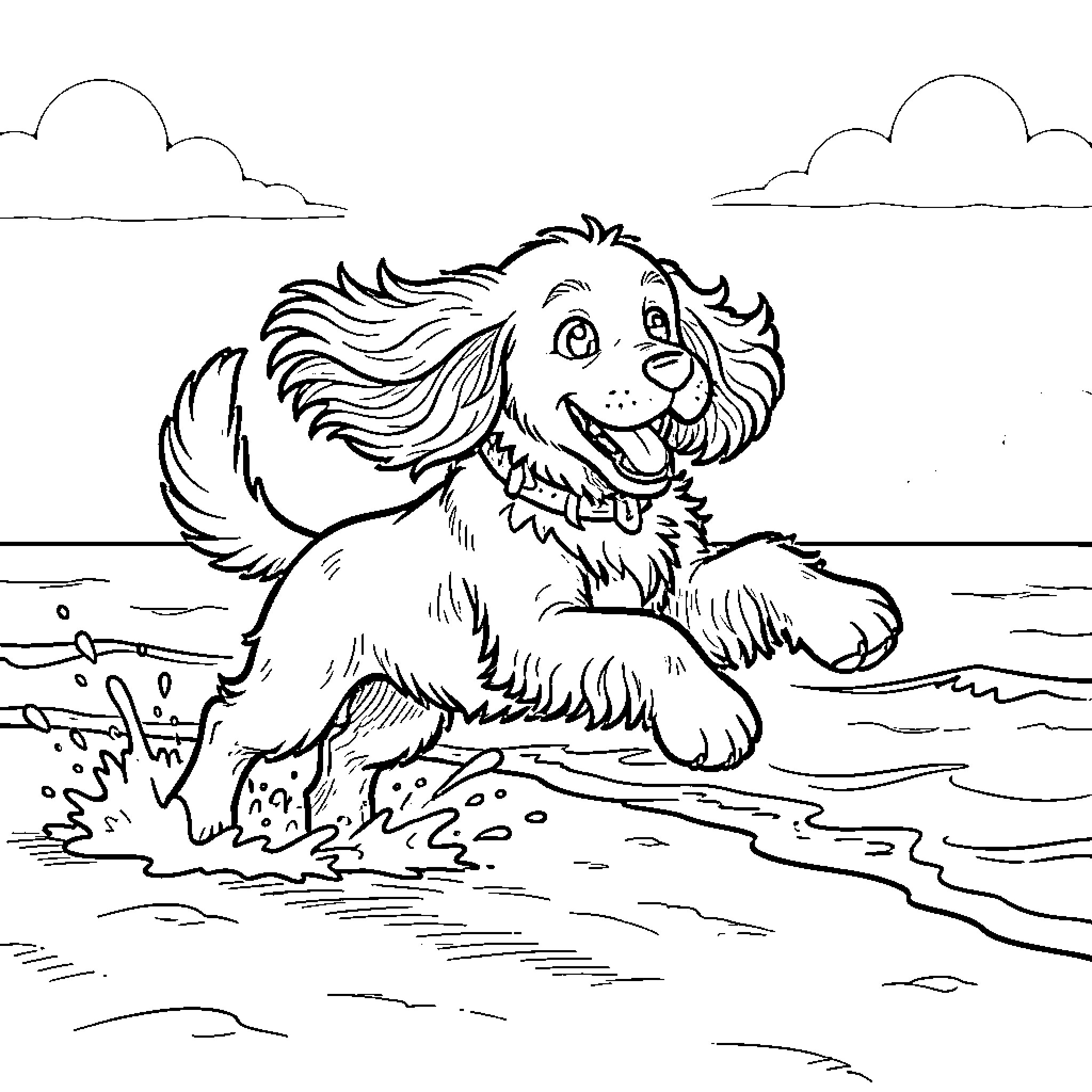 Cocker Spaniel playing happily in the water Coloring Page (free black-and-white line drawing printable PDF for all, from beginners to advanced learners, including children, teens, adults, and seniors)