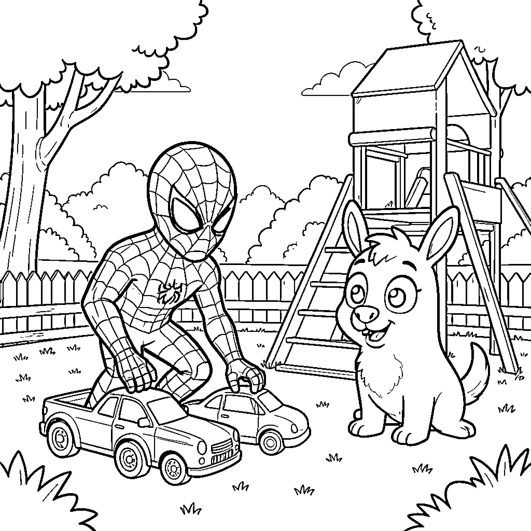 Spidey playing with toy cars in a backyard Coloring Page (free black-and-white line drawing printable PDF for all, from beginners to advanced learners, including children, teens, adults, and seniors)