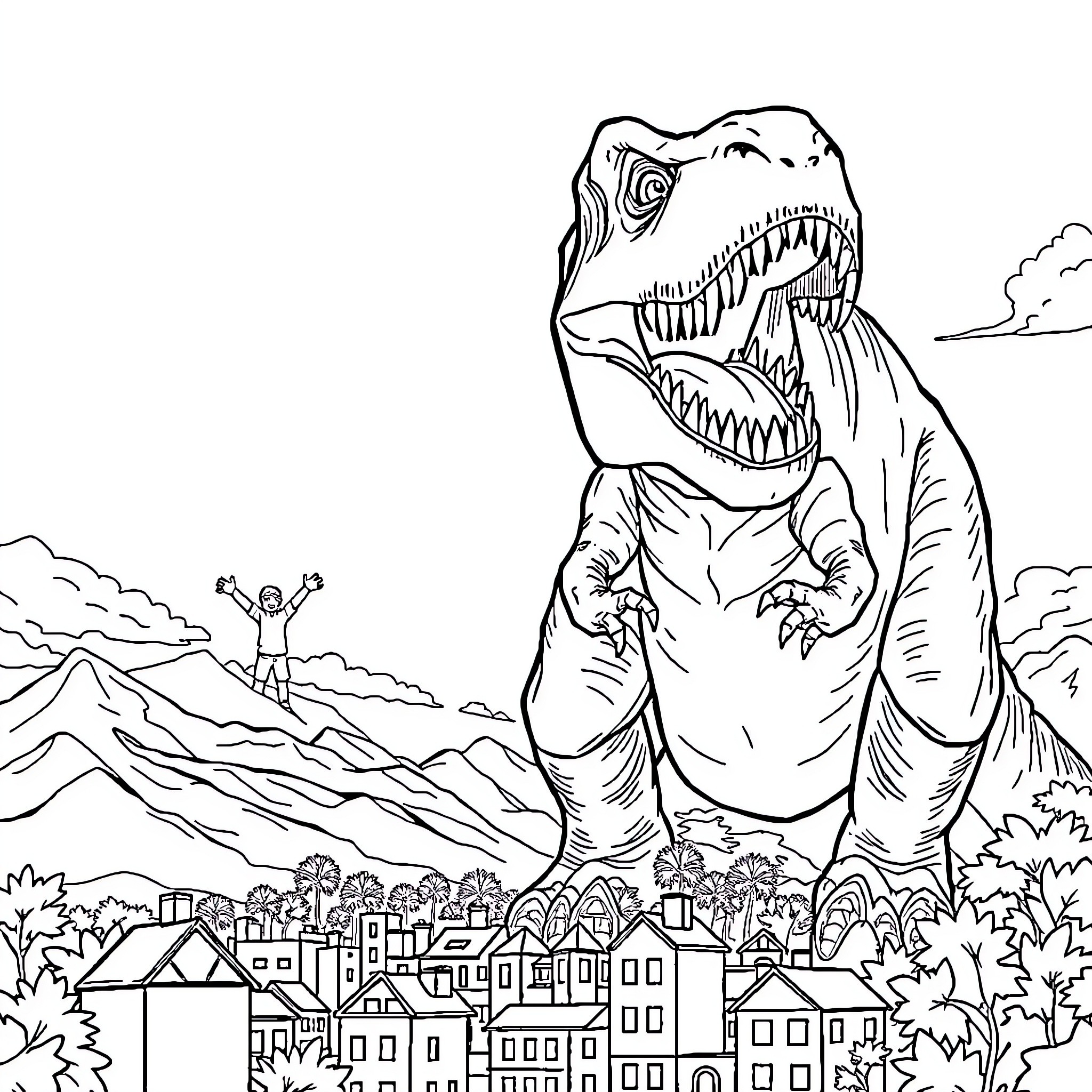T-Rex Stomping Through the City Coloring Page (free black-and-white line drawing printable PDF for all, from beginners to advanced learners, including children, teens, adults, and seniors)