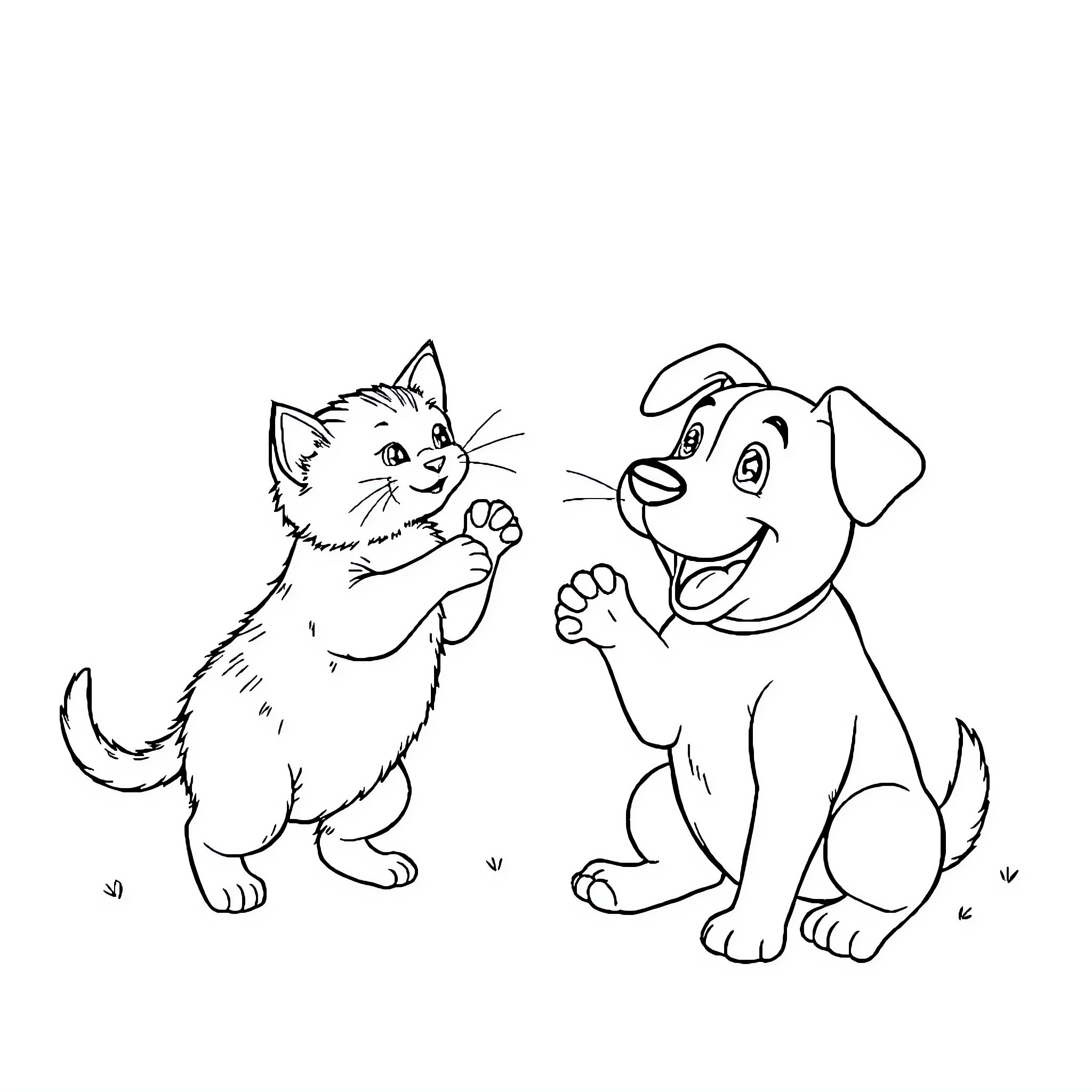 Kitten and Puppy Playing Together Happily Coloring Page (free black-and-white line drawing printable PDF for all, from beginners to advanced learners, including children, teens, adults, and seniors)