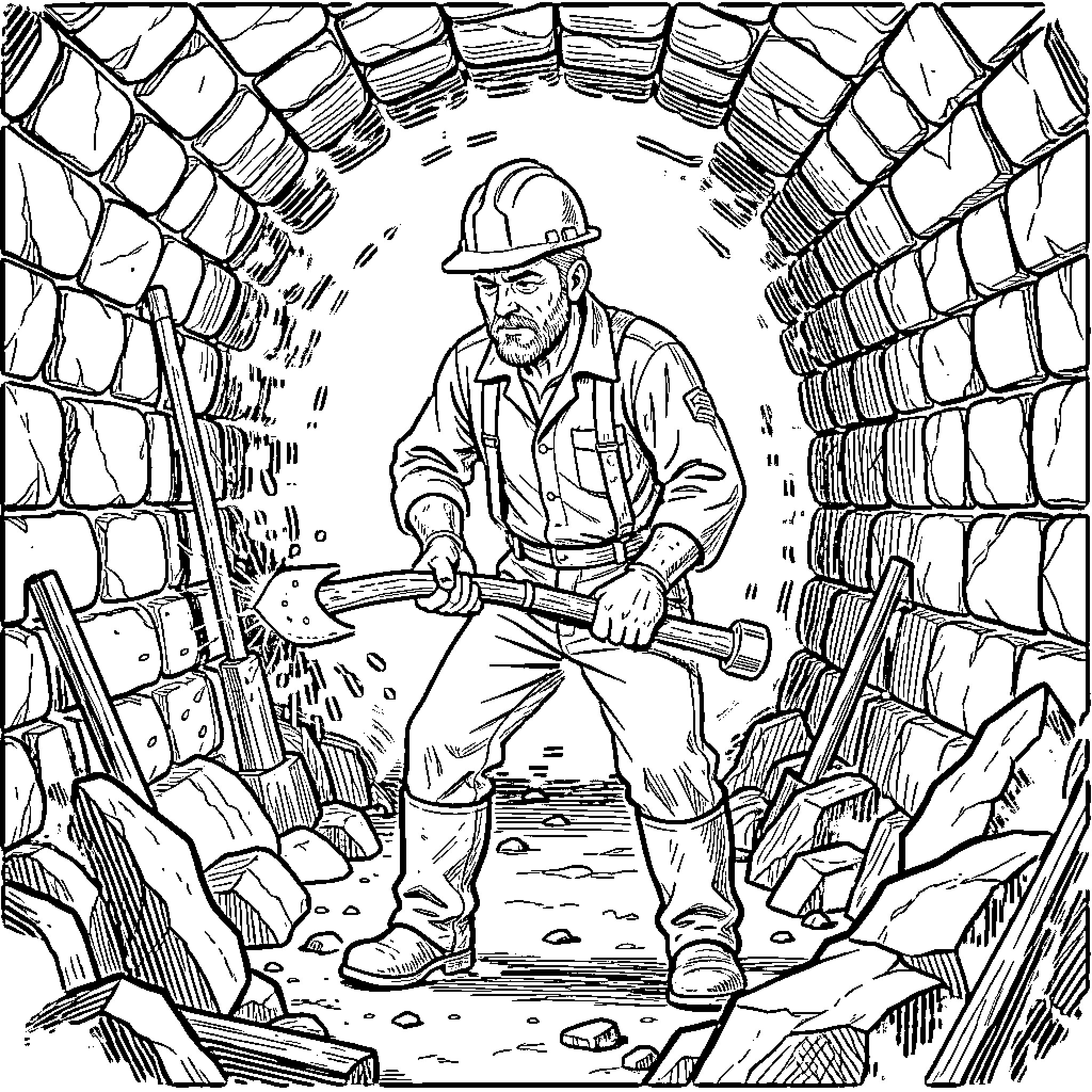 Miner working hard inside a stone tunnel Coloring Page (free black-and-white line drawing printable PDF for all, from beginners to advanced learners, including children, teens, adults, and seniors)