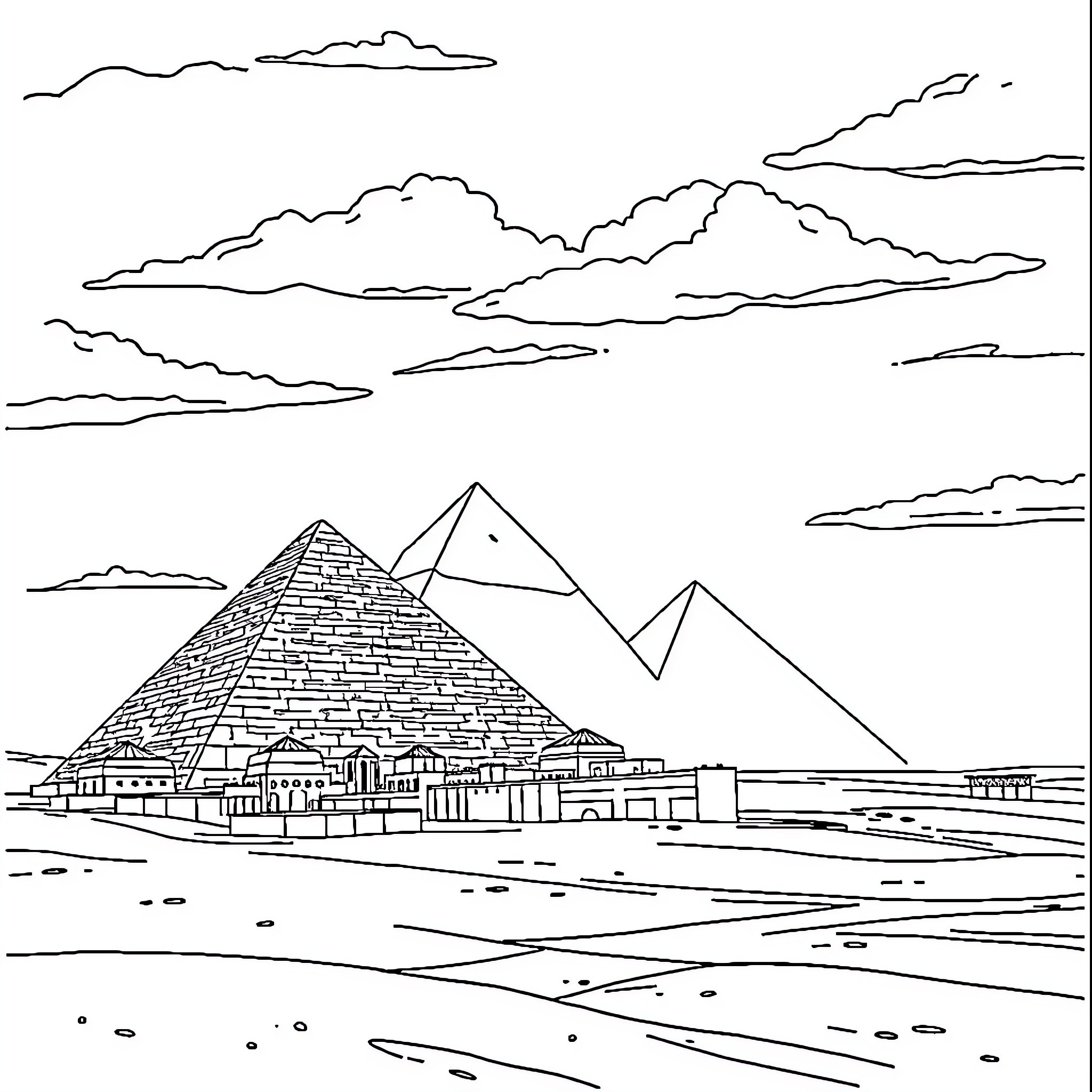 Egypt's Iconic Pyramids and Landscapes Coloring Page (free black-and-white line drawing printable PDF for all, from beginners to advanced learners, including children, teens, adults, and seniors)