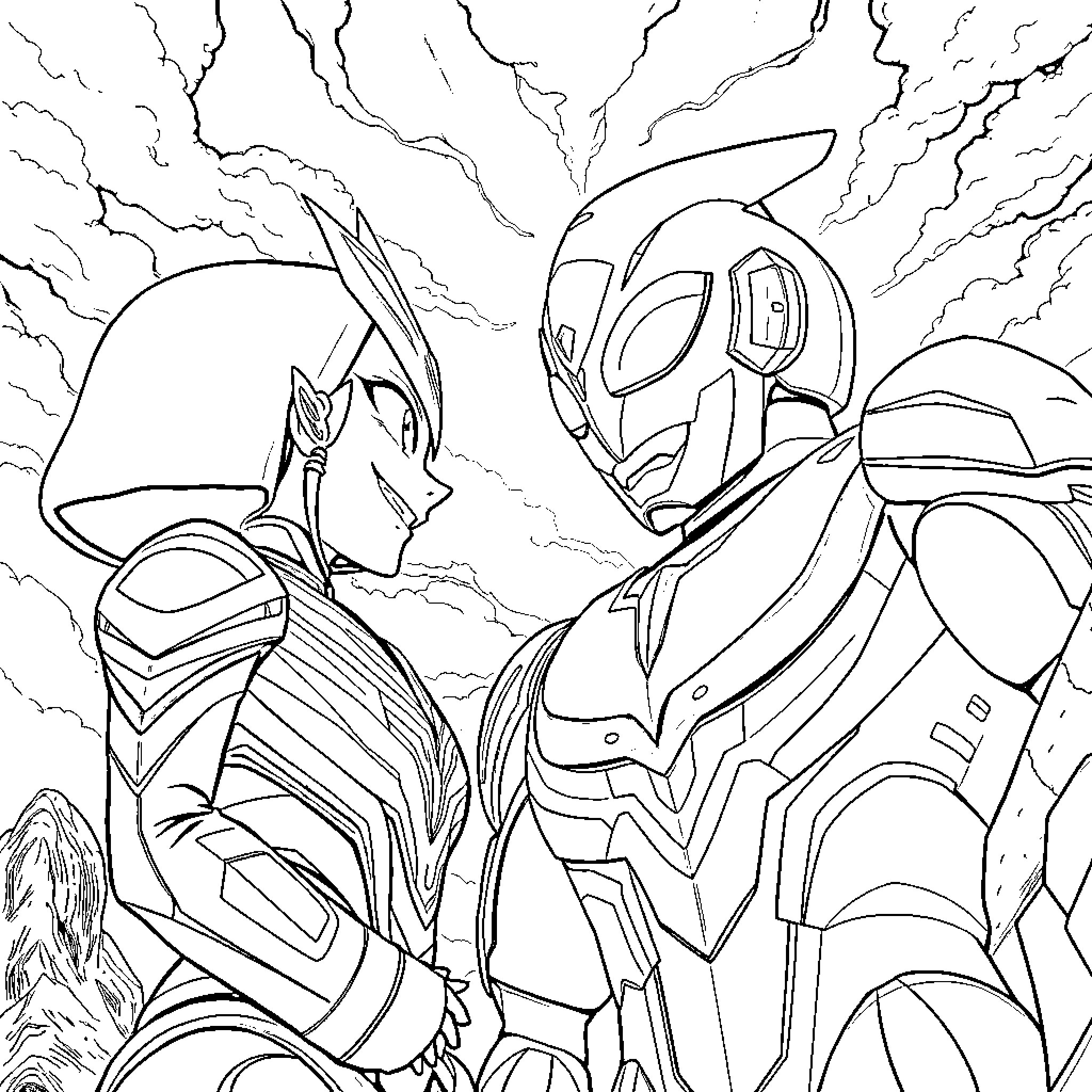 Kuromi face-off in epic battle scene Coloring Page (free black-and-white line drawing printable PDF for all, from beginners to advanced learners, including children, teens, adults, and seniors)