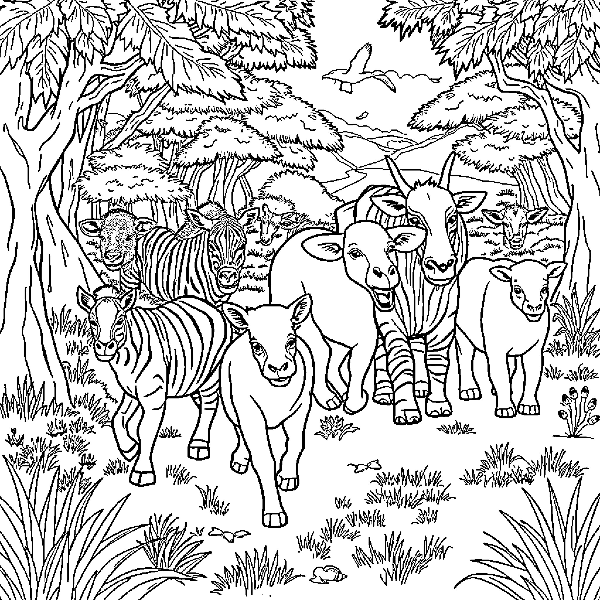 Animal gathering in lush forest landscape Coloring Page (free black-and-white line drawing printable PDF for all, from beginners to advanced learners, including children, teens, adults, and seniors)