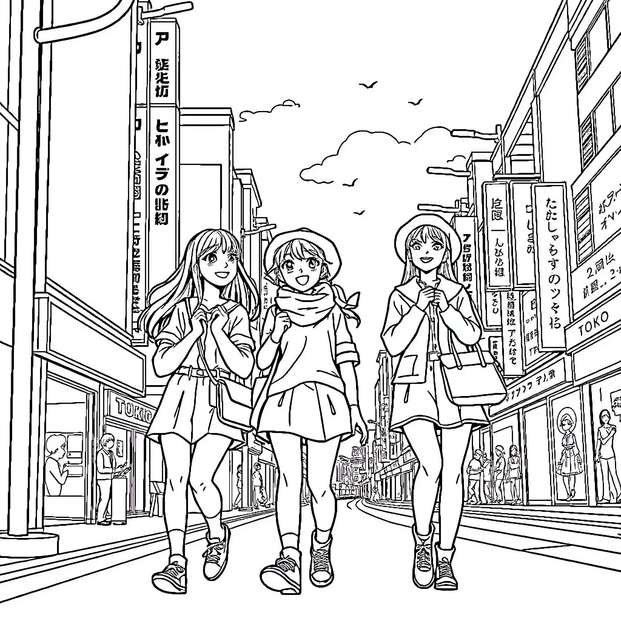 Friendship among schoolgirls in a bustling city Coloring Page (free black-and-white line drawing printable PDF for all, from beginners to advanced learners, including children, teens, adults, and seniors)