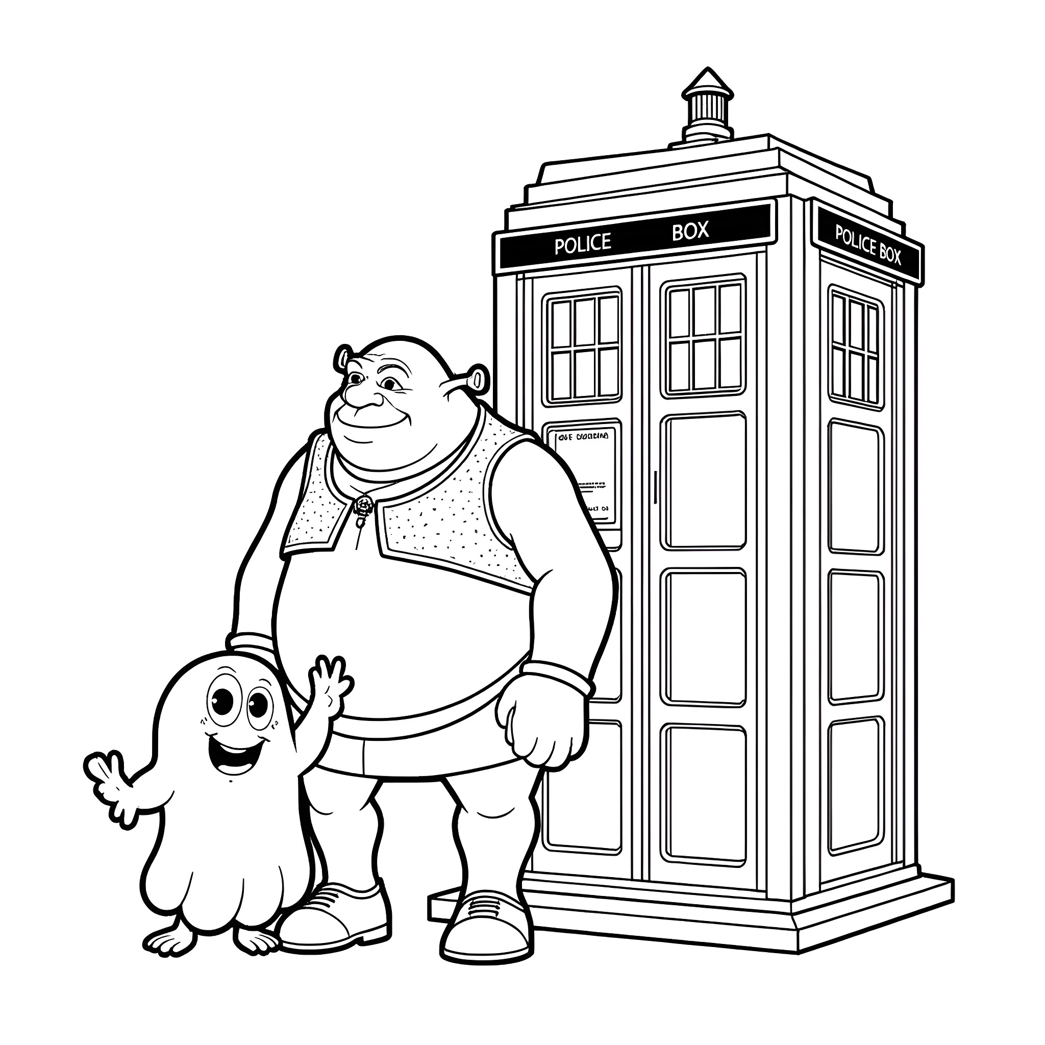 Shrek and Donkey posing near a police box Coloring Page (free black-and-white line drawing printable PDF for all, from beginners to advanced learners, including children, teens, adults, and seniors)