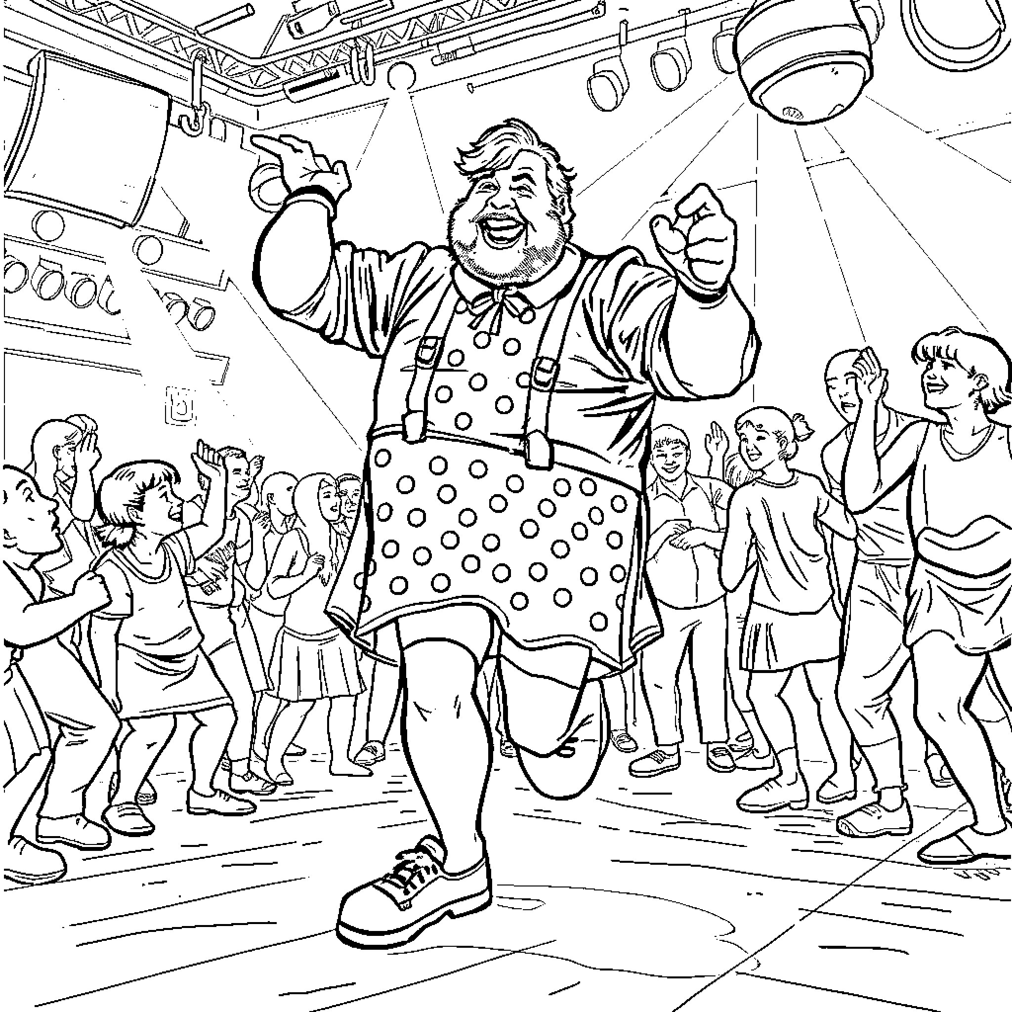 Man entertains crowd with joyful performance Coloring Page (free black-and-white line drawing printable PDF for all, from beginners to advanced learners, including children, teens, adults, and seniors)