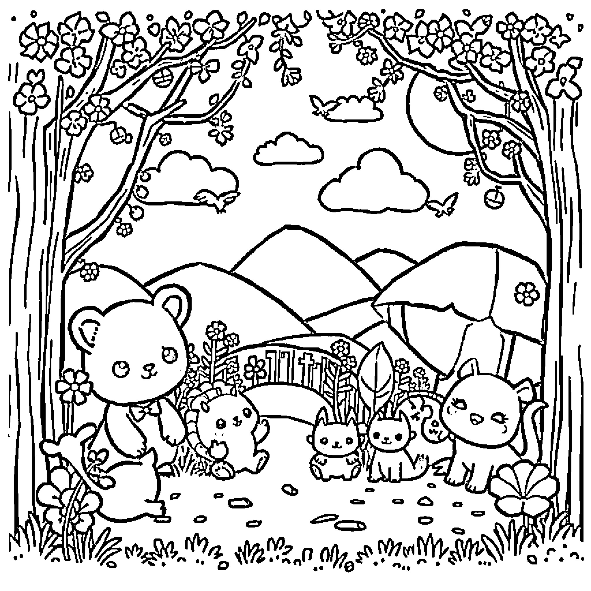Kawaii Animals Exploring a Scenic Nature Scene Coloring Page (free black-and-white line drawing printable PDF for all, from beginners to advanced learners, including children, teens, adults, and seniors)