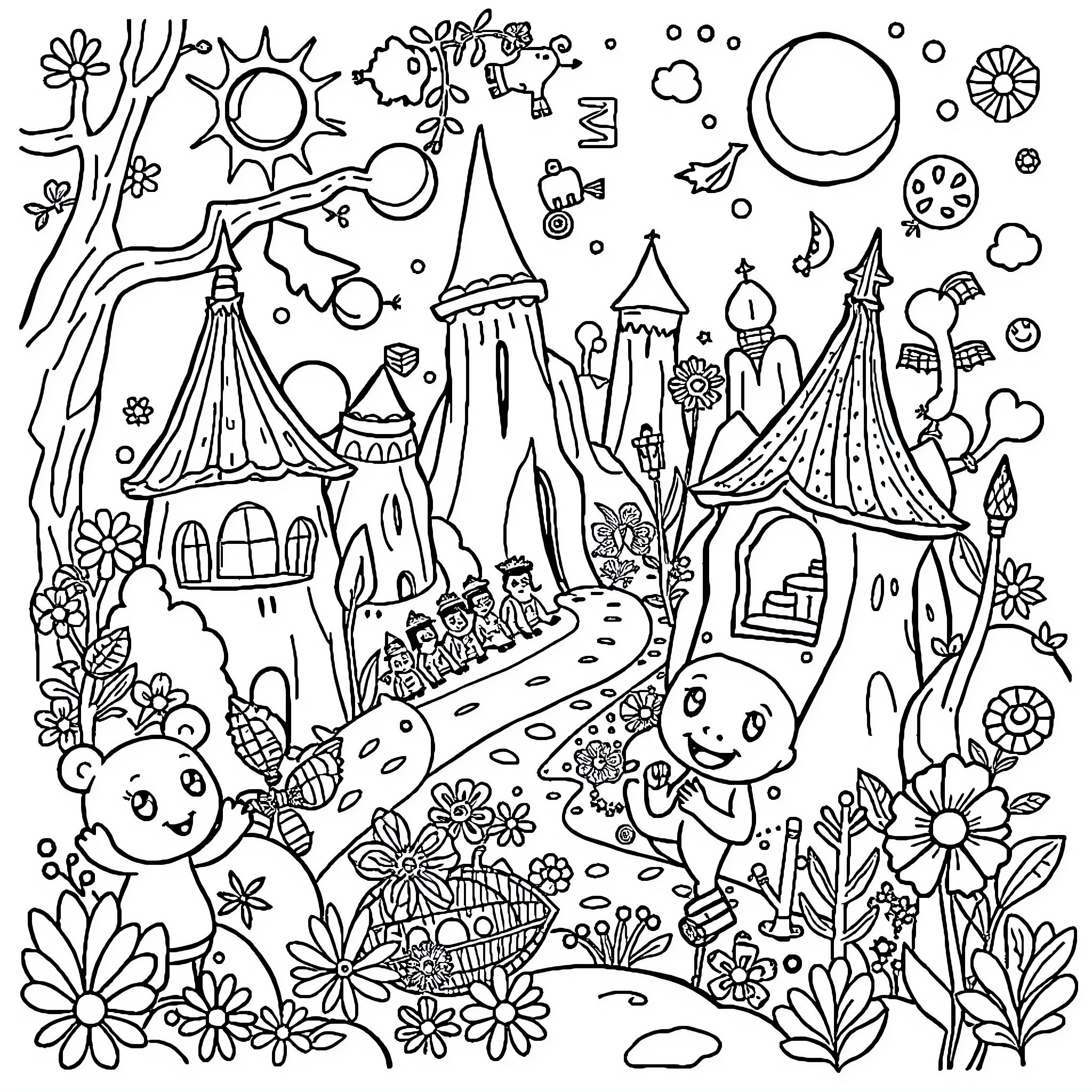 Dandy Whimsical Fantasy World with Characters Coloring Page (free black-and-white line drawing printable PDF for all, from beginners to advanced learners, including children, teens, adults, and seniors)