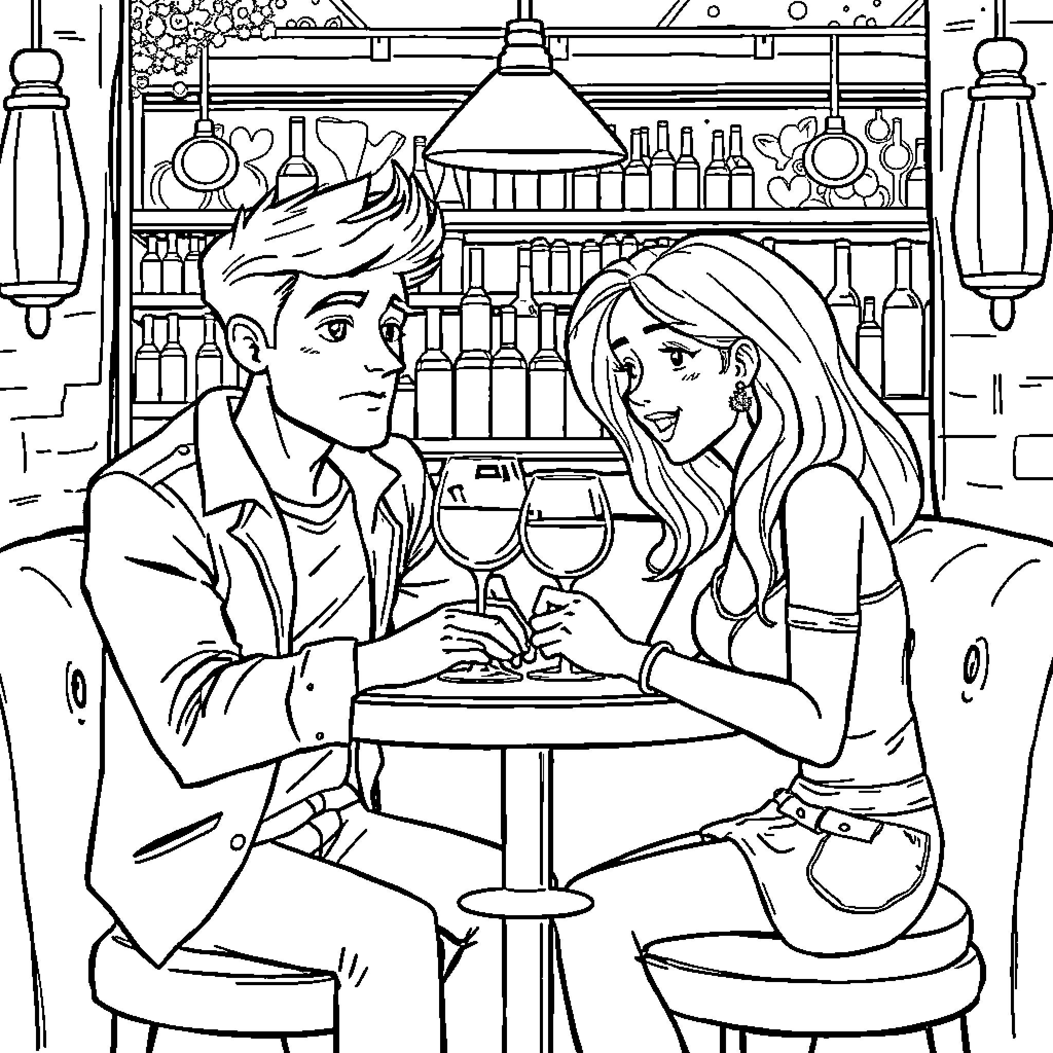Date night at the cozy cafe Coloring Page (free black-and-white line drawing printable PDF for all, from beginners to advanced learners, including children, teens, adults, and seniors)
