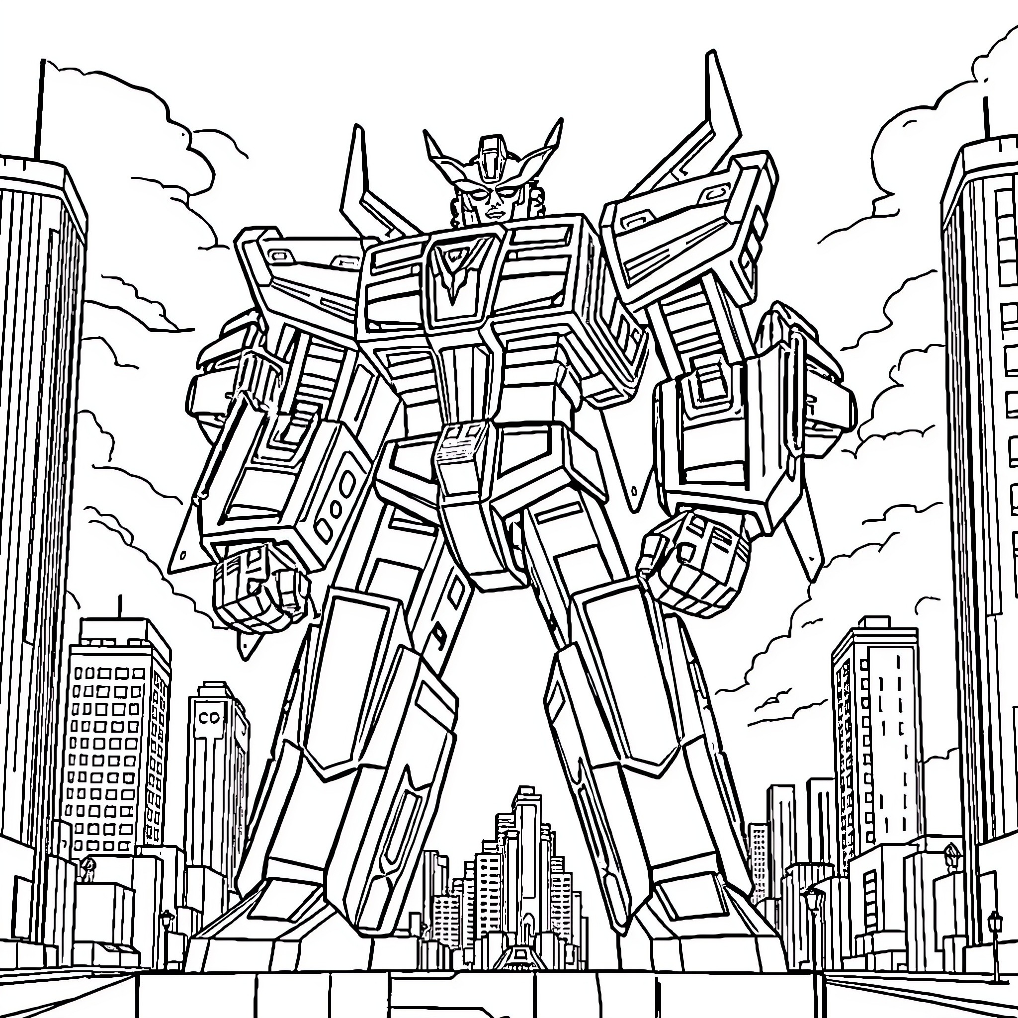 Voltron Mech Warrior Stands Tall in Futuristic City Coloring Page (free black-and-white line drawing printable PDF for all, from beginners to advanced learners, including children, teens, adults, and seniors)