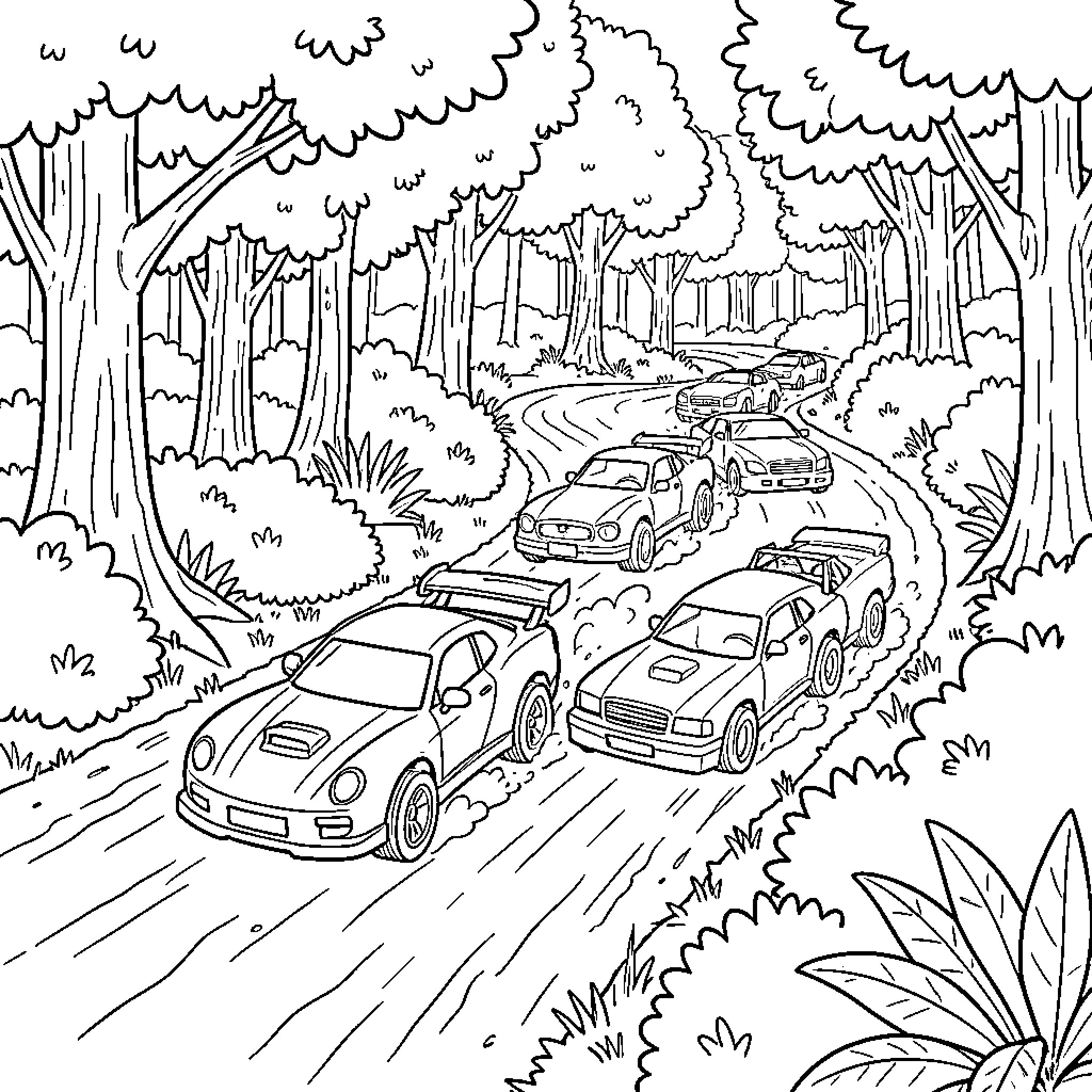 Hot Wheels racing through the forest adventure Coloring Page (free black-and-white line drawing printable PDF for all, from beginners to advanced learners, including children, teens, adults, and seniors)