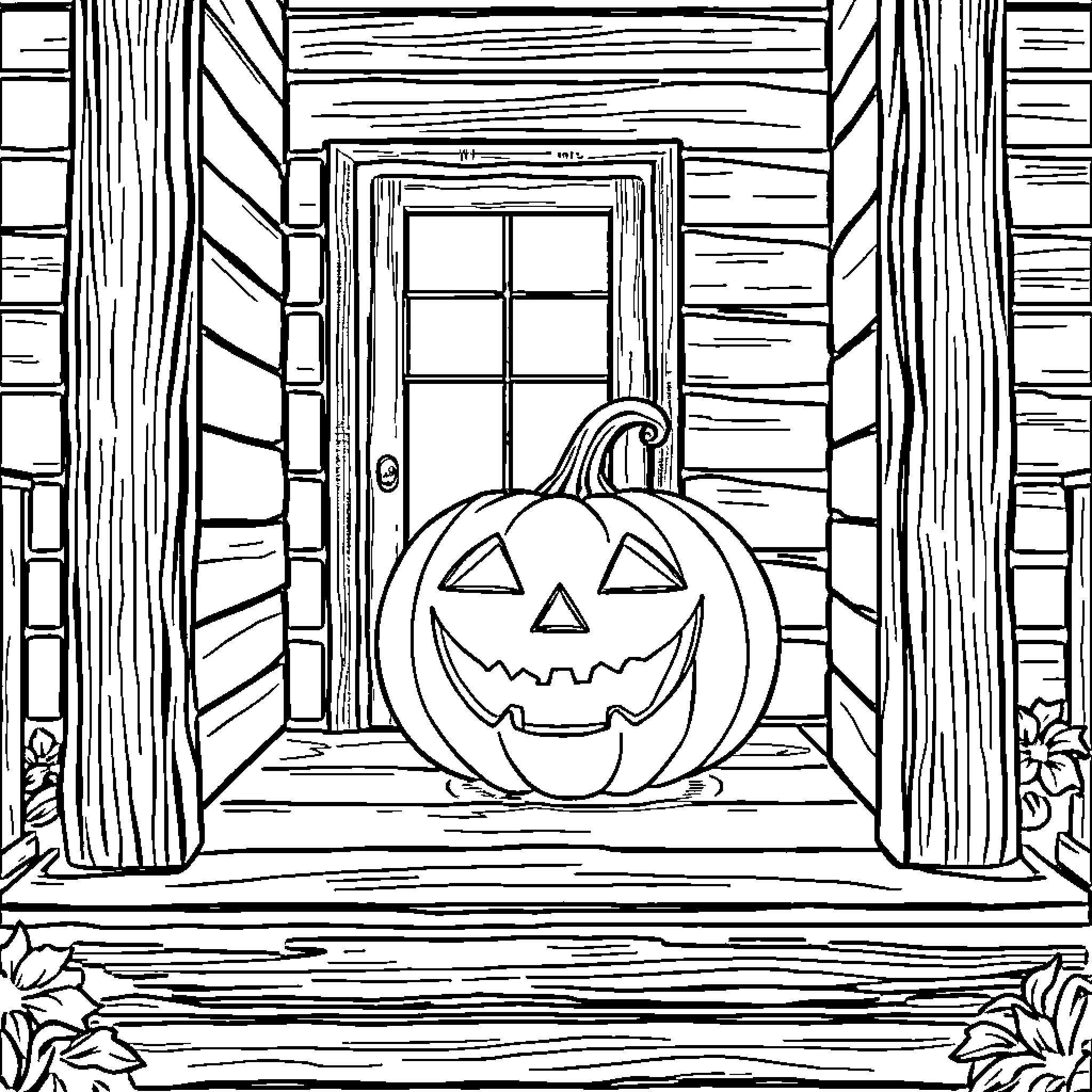 Jack-o'-lantern on porch of rustic cabin Coloring Page (free black-and-white line drawing printable PDF for all, from beginners to advanced learners, including children, teens, adults, and seniors)