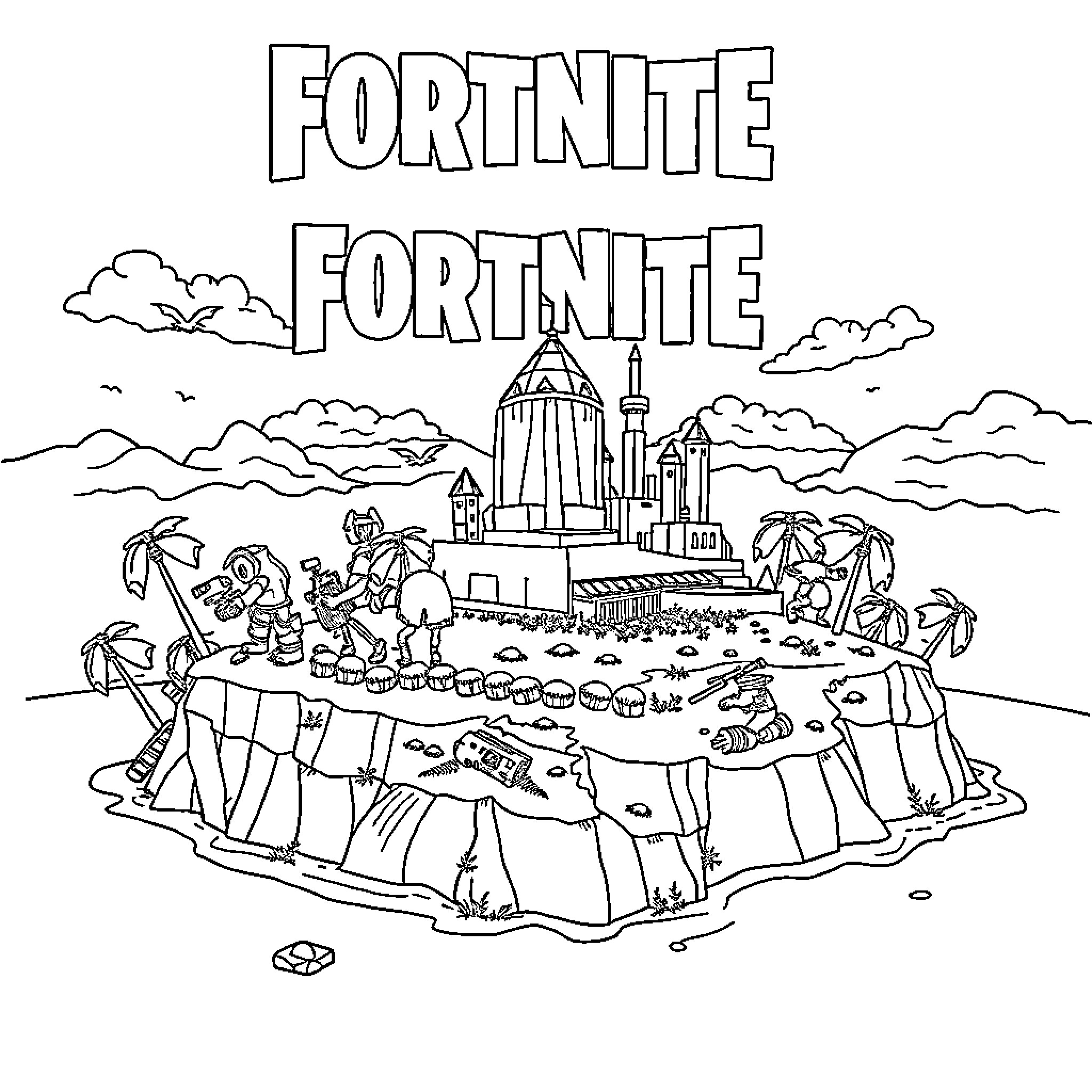 Fortnite characters in a Fortnite-themed island landscape Coloring Page (free black-and-white line drawing printable PDF for all, from beginners to advanced learners, including children, teens, adults, and seniors)