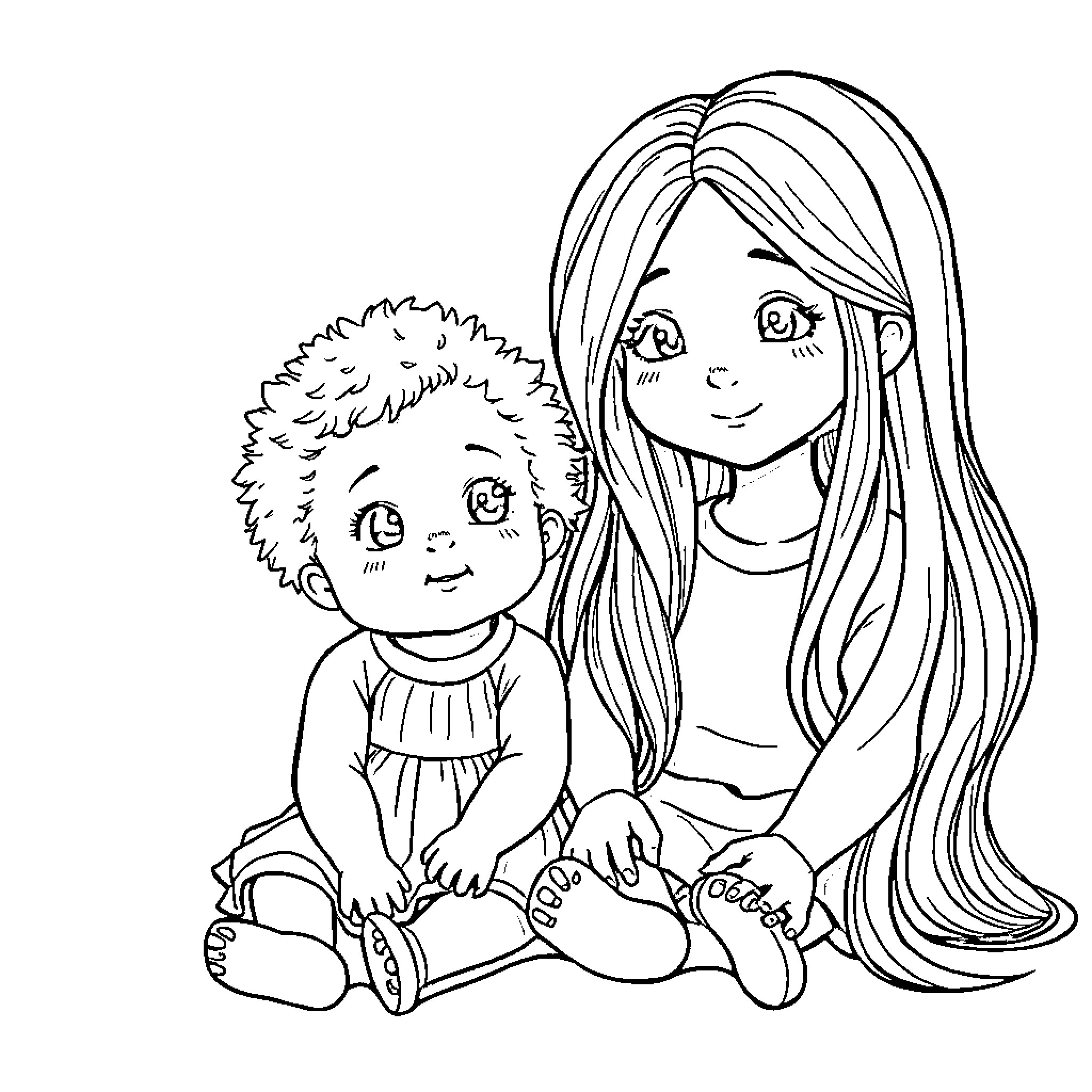 Girl and her young friend relax together Coloring Page (free black-and-white line drawing printable PDF for all, from beginners to advanced learners, including children, teens, adults, and seniors)