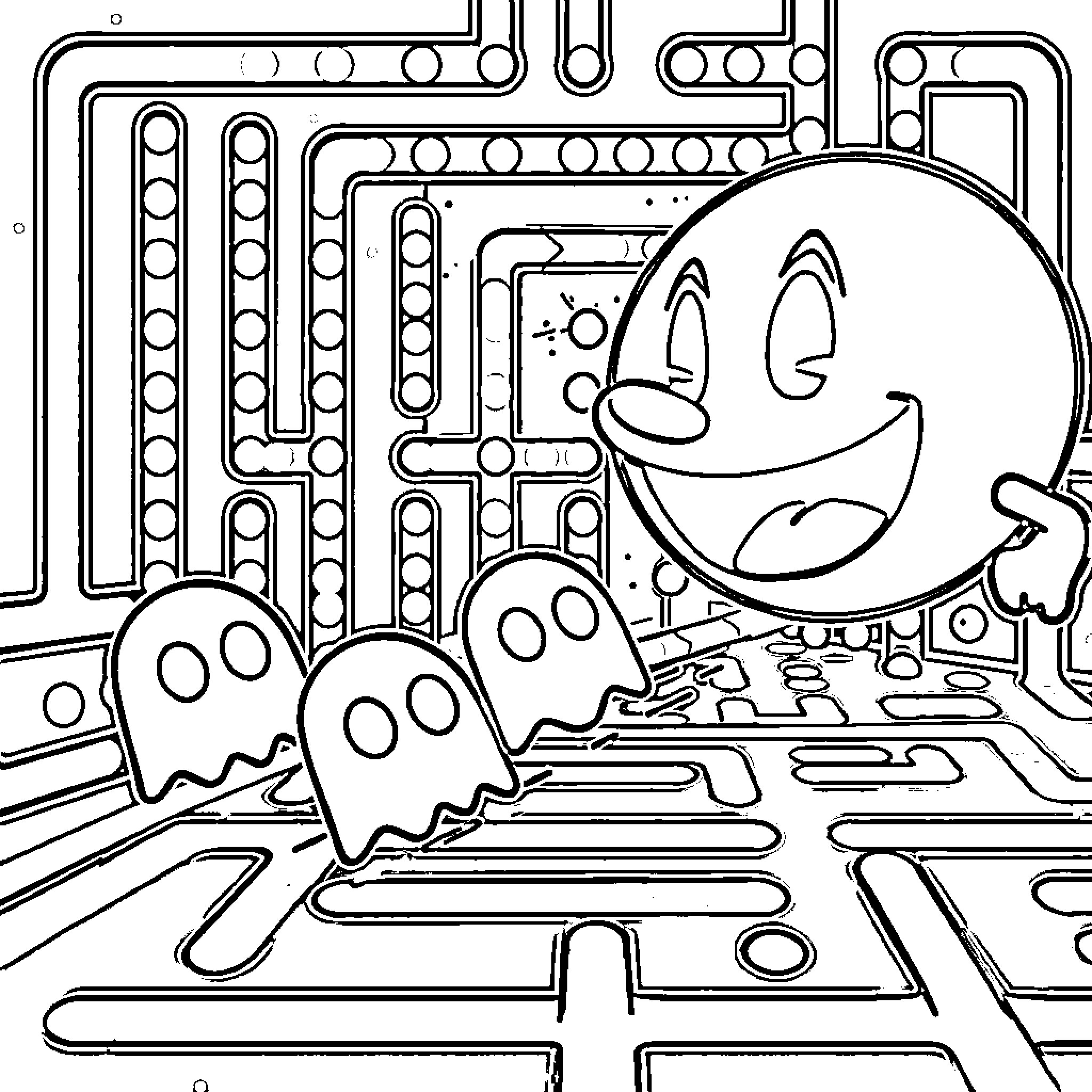 Pac-Man enjoying a retro gaming scene Coloring Page (free black-and-white line drawing printable PDF for all, from beginners to advanced learners, including children, teens, adults, and seniors)