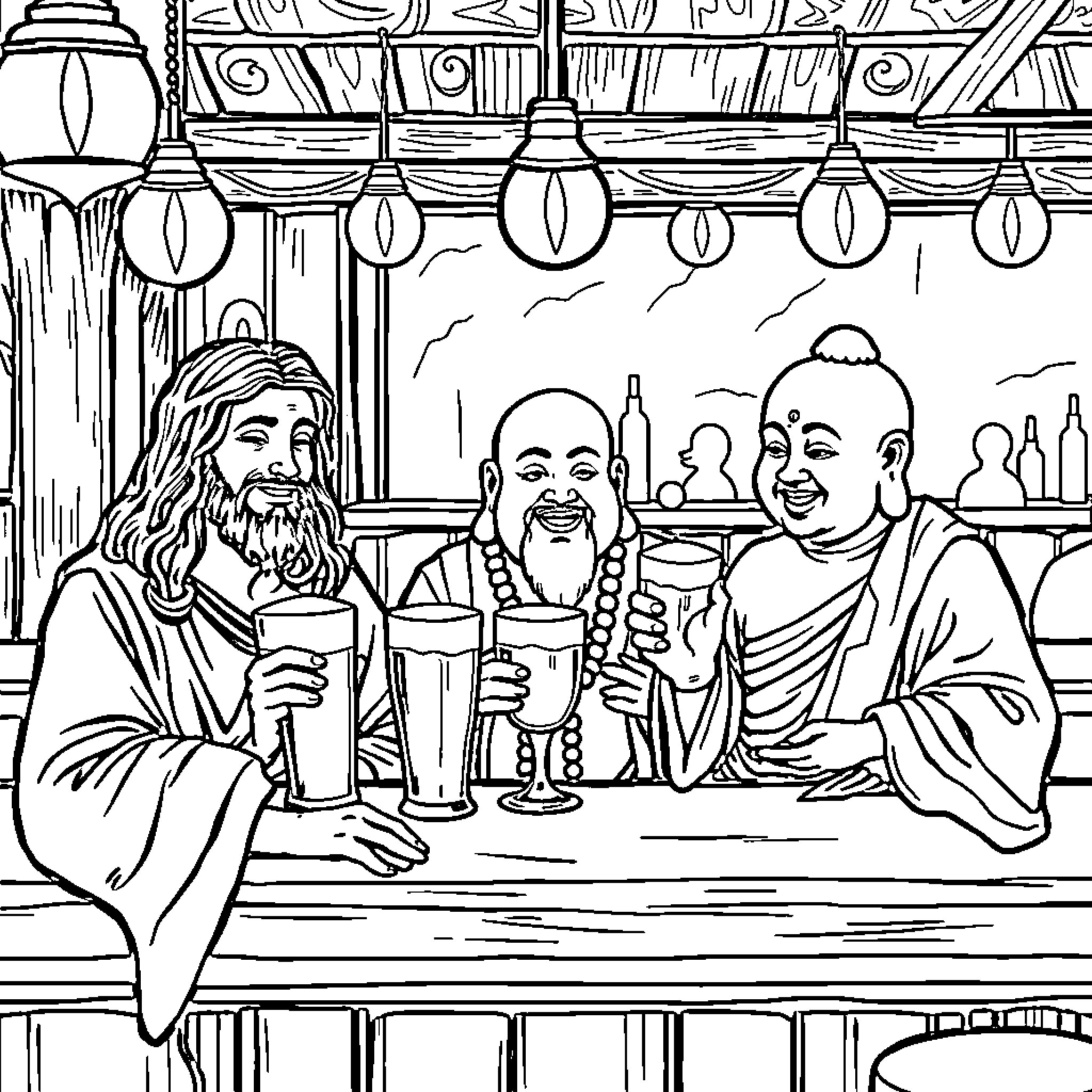 Jesus Sharing Drinks with Friends in Tavern Coloring Page (free black-and-white line drawing printable PDF for all, from beginners to advanced learners, including children, teens, adults, and seniors)