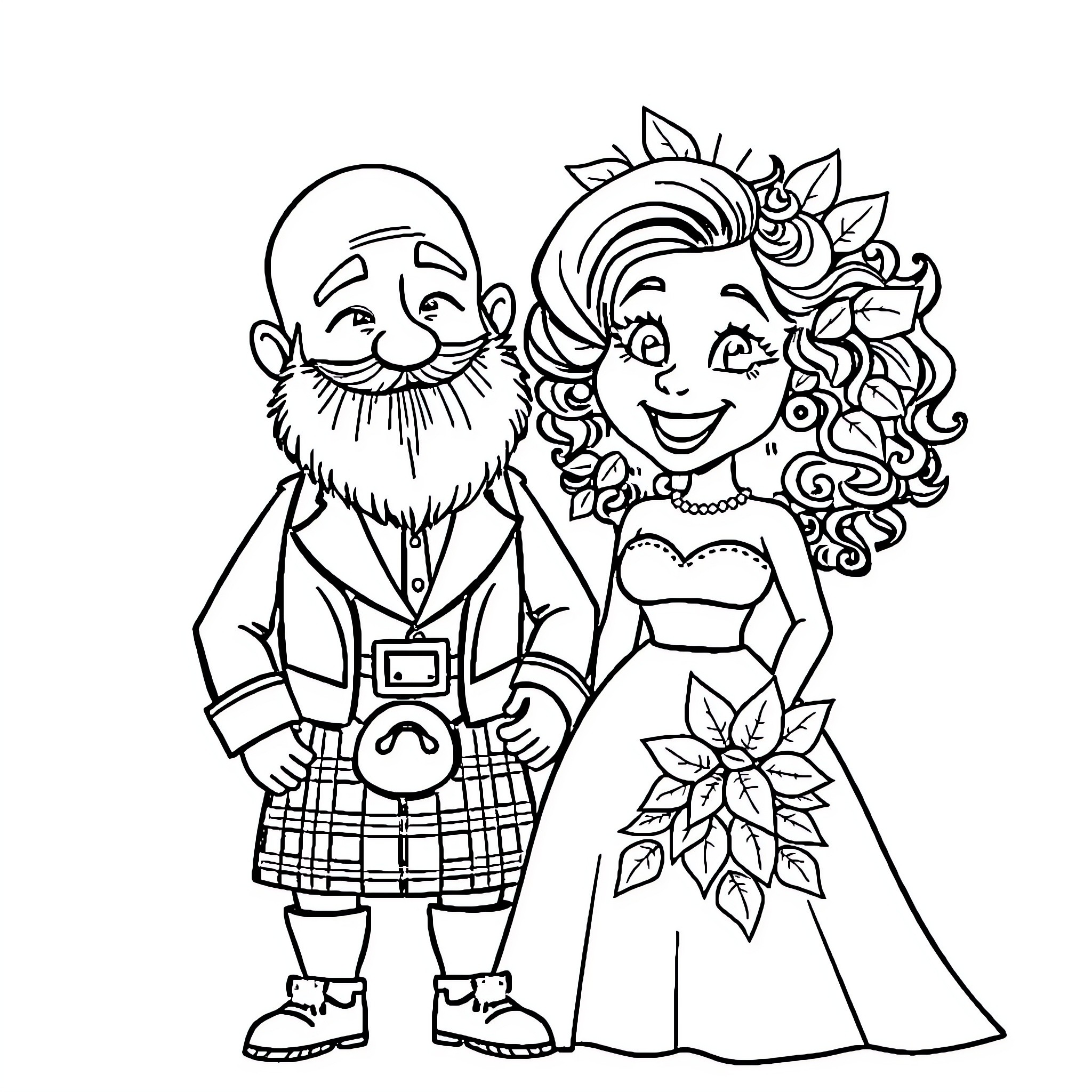 Bride and Groom in Traditional Wedding Attire Coloring Page (free black-and-white line drawing printable PDF for all, from beginners to advanced learners, including children, teens, adults, and seniors)