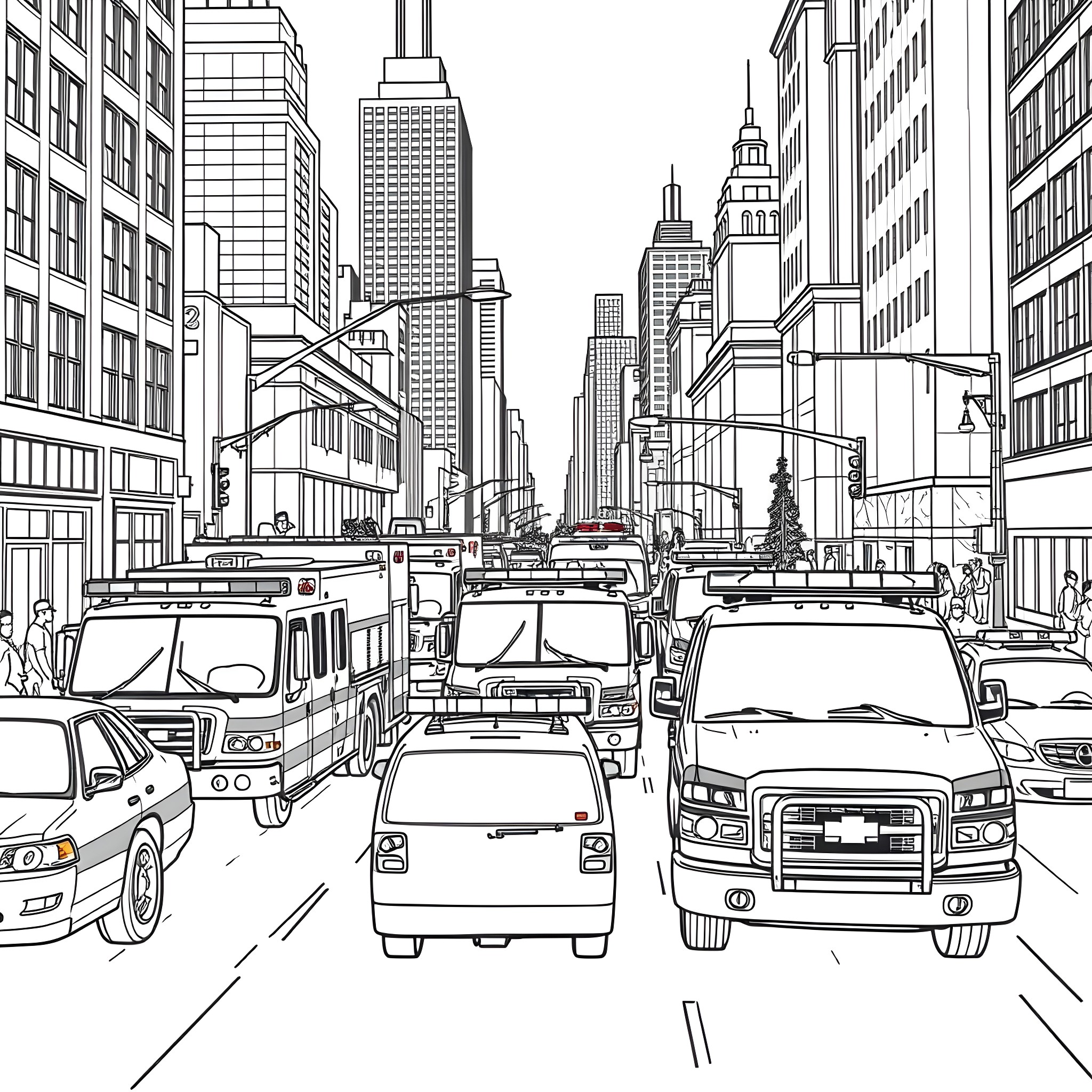 Emergency Vehicle Responding to Incident in Busy City Street Coloring Page (free black-and-white line drawing printable PDF for all, from beginners to advanced learners, including children, teens, adults, and seniors)