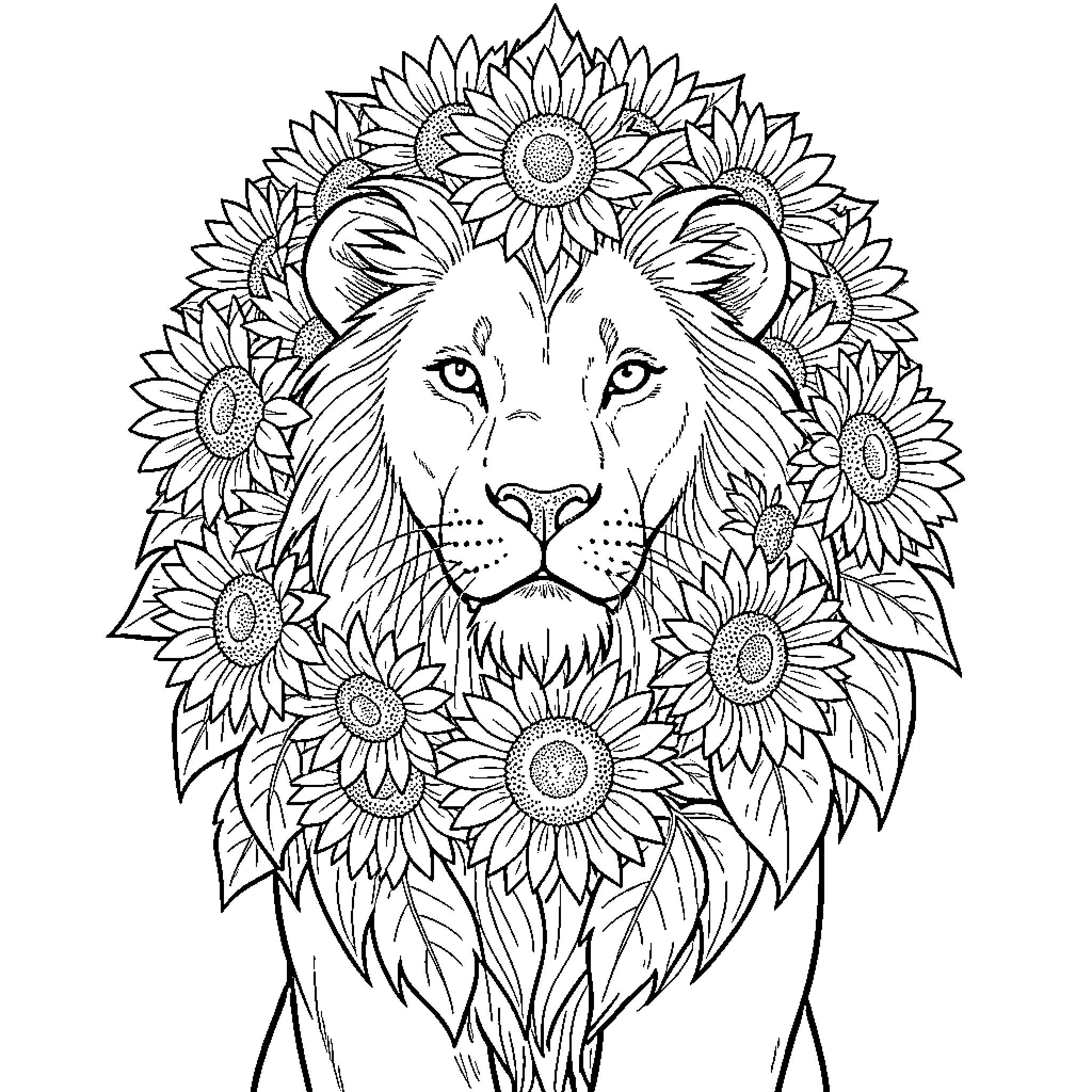 Lion surrounded by beautiful sunflowers Coloring Page (free black-and-white line drawing printable PDF for all, from beginners to advanced learners, including children, teens, adults, and seniors)