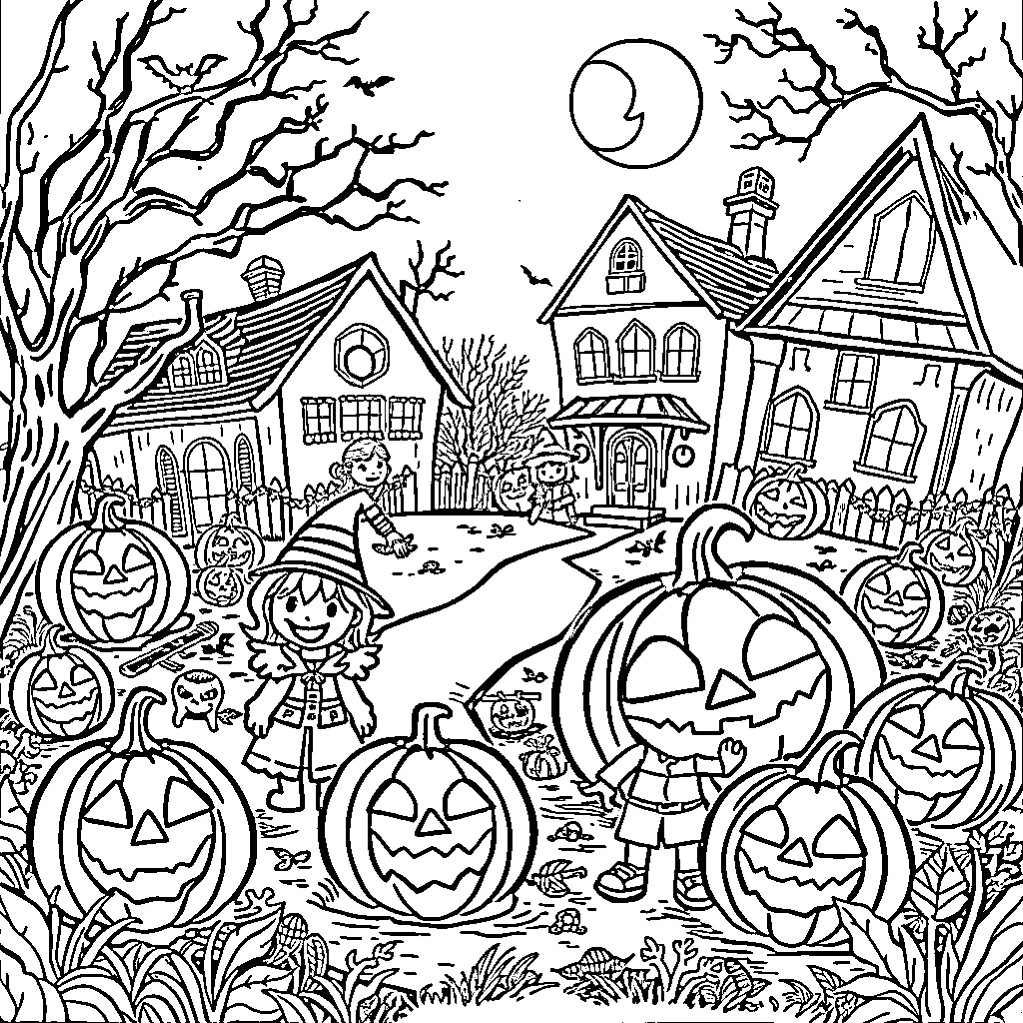 Halloween Night Scene with Carved Pumpkins and Trick-or-Treaters Coloring Page (free black-and-white line drawing printable PDF for all, from beginners to advanced learners, including children, teens, adults, and seniors)