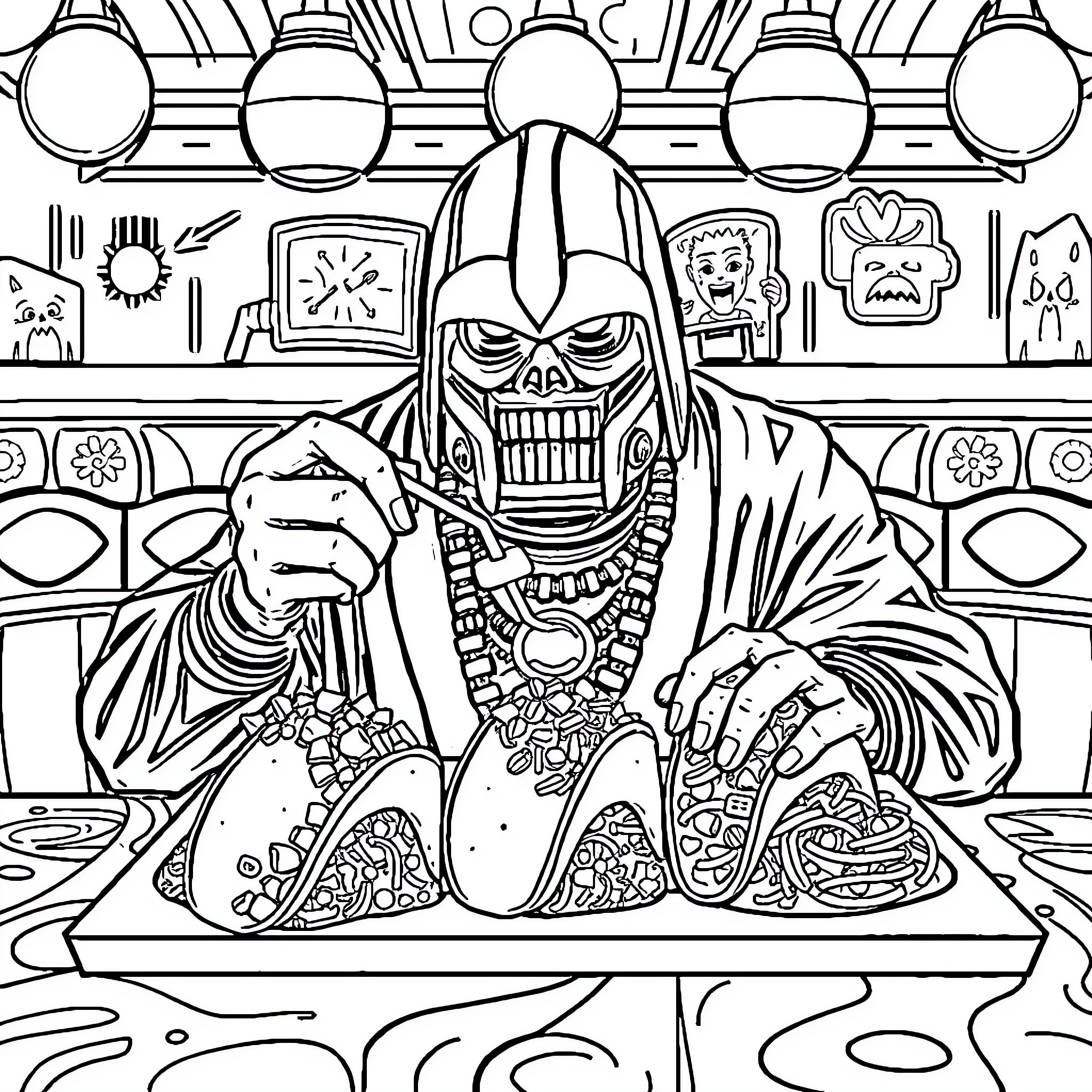 MF DOOM's Intricate Villainous Portrayal Coloring Page (free black-and-white line drawing printable PDF for all, from beginners to advanced learners, including children, teens, adults, and seniors)