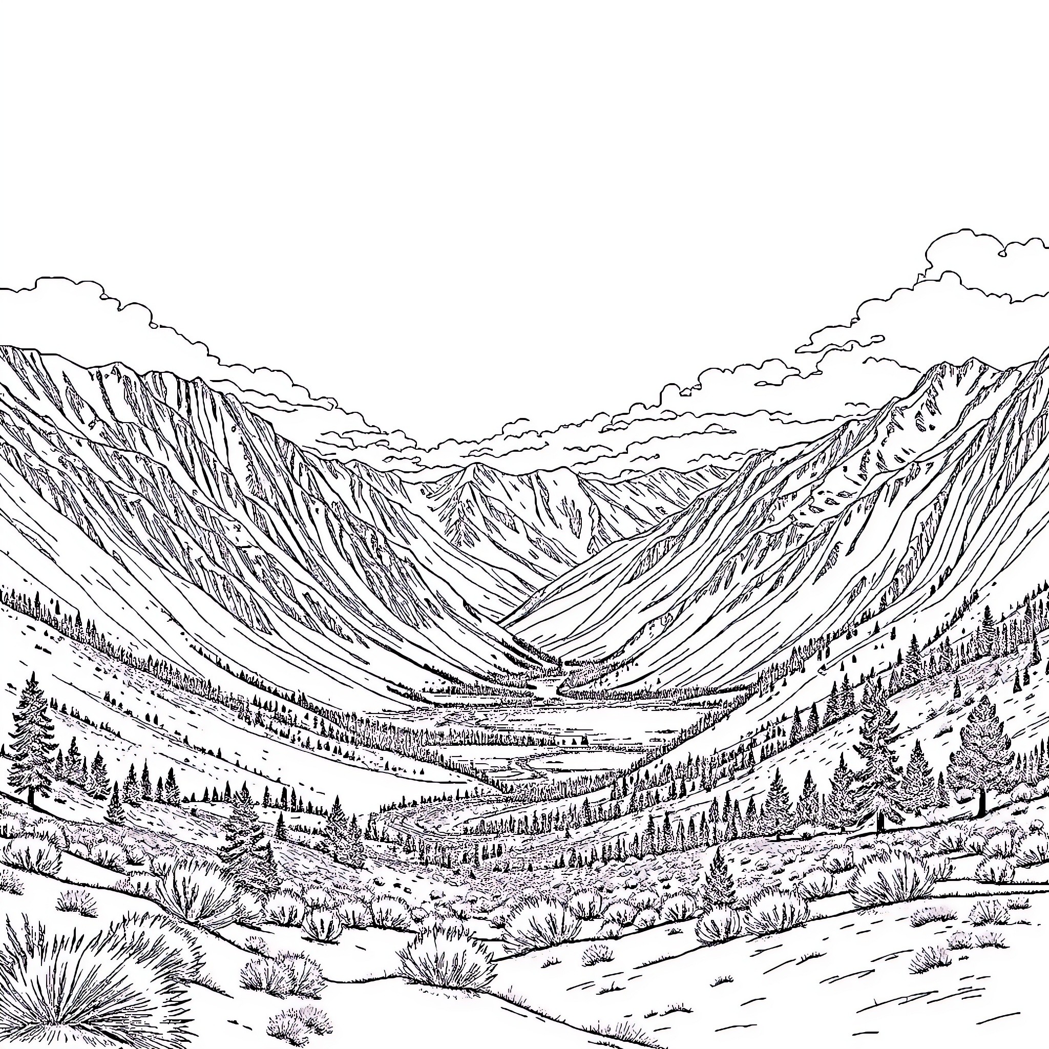 Eagle soaring over majestic mountain landscape Coloring Page (free black-and-white line drawing printable PDF for all, from beginners to advanced learners, including children, teens, adults, and seniors)