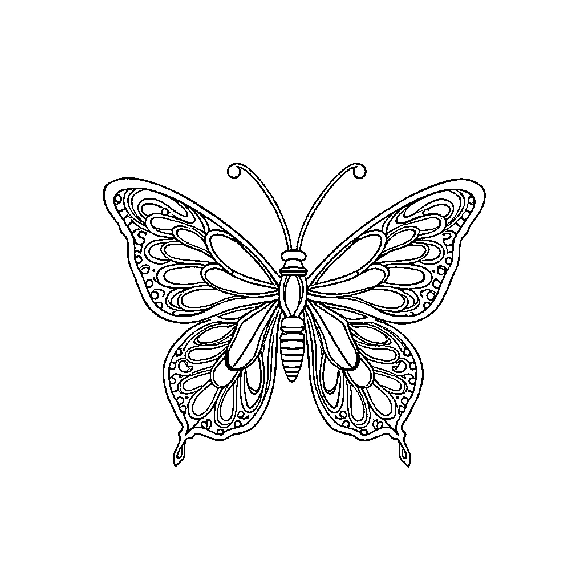 Papillon: Intricate Butterfly Outline Coloring Page (free black-and-white line drawing printable PDF for all, from beginners to advanced learners, including children, teens, adults, and seniors)