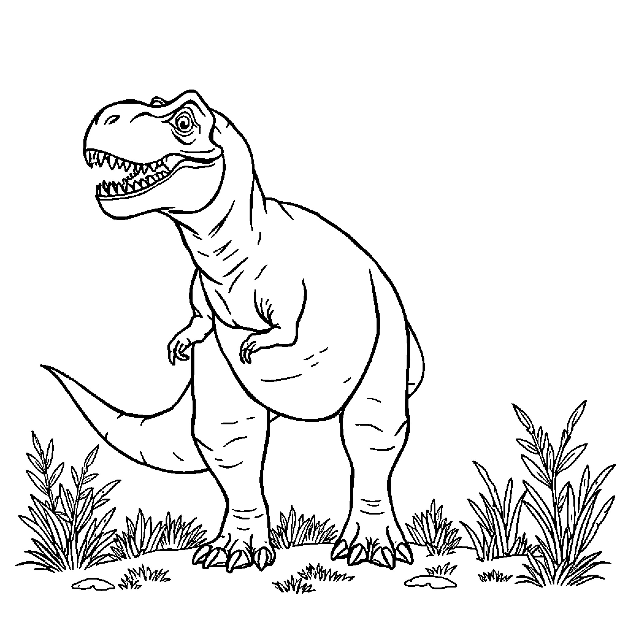 Tyrannosaurus Rex in the Wilderness Coloring Page (free black-and-white line drawing printable PDF for all, from beginners to advanced learners, including children, teens, adults, and seniors)