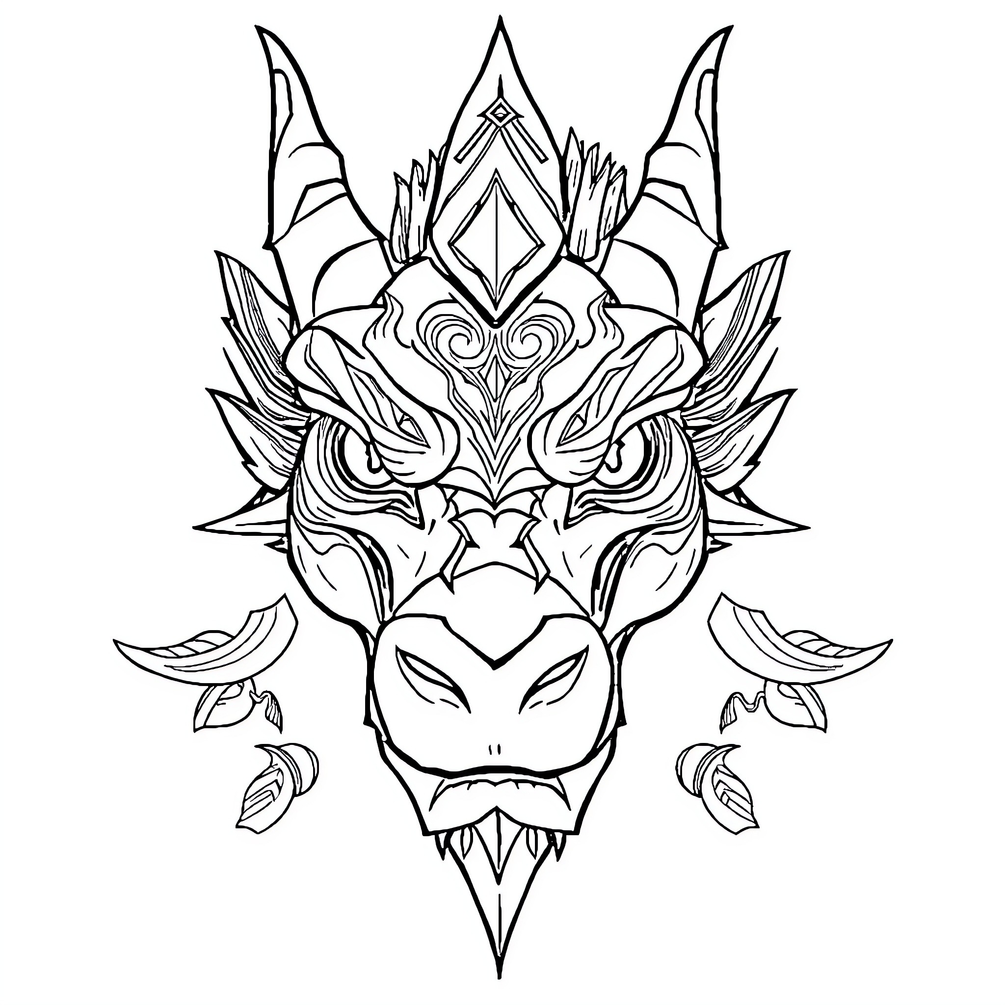 Dragon-themed ornate mask or headdress Coloring Page (free black-and-white line drawing printable PDF for all, from beginners to advanced learners, including children, teens, adults, and seniors)
