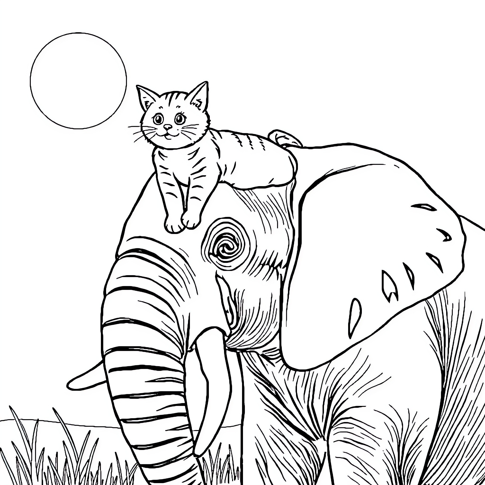 Cat sitting on a mushroom Coloring Page (free black-and-white line drawing printable PDF for all, from beginners to advanced learners, including children, teens, adults, and seniors)