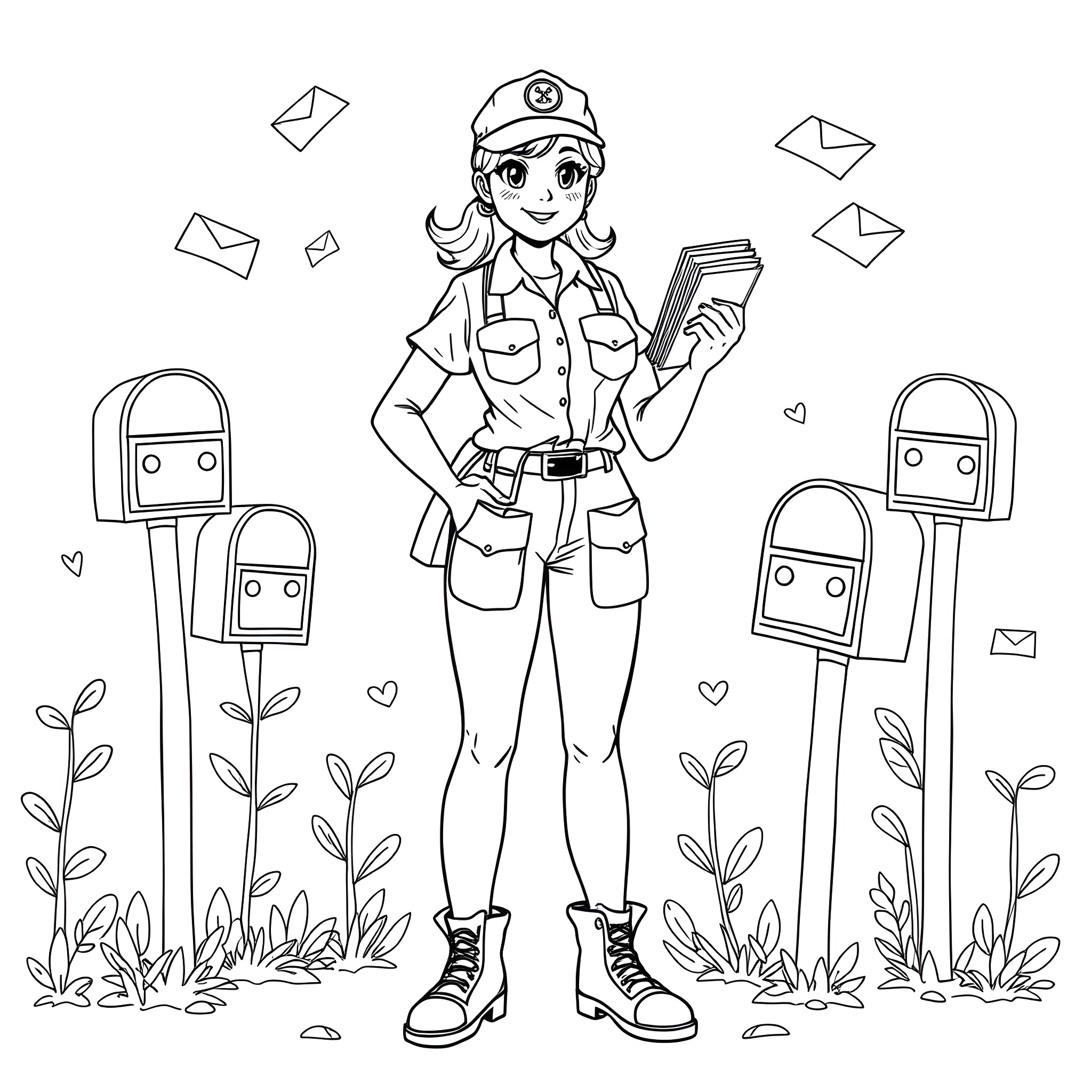 Female Postman Delivering Mail With Cheerful Expression Coloring Page (free black-and-white line drawing printable PDF for all, from beginners to advanced learners, including children, teens, adults, and seniors)