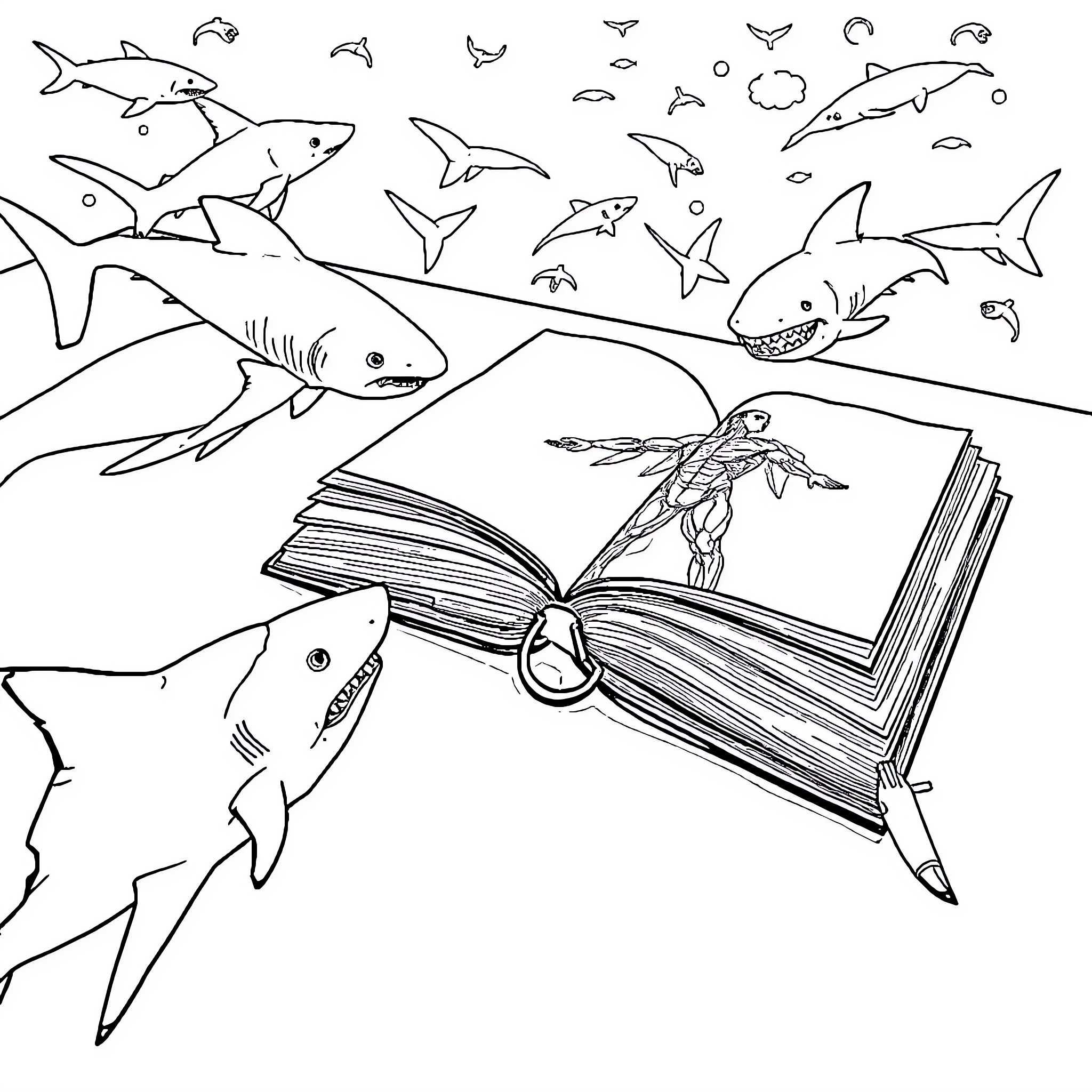 Shark adventure in the magical storybook Coloring Page (free black-and-white line drawing printable PDF for all, from beginners to advanced learners, including children, teens, adults, and seniors)