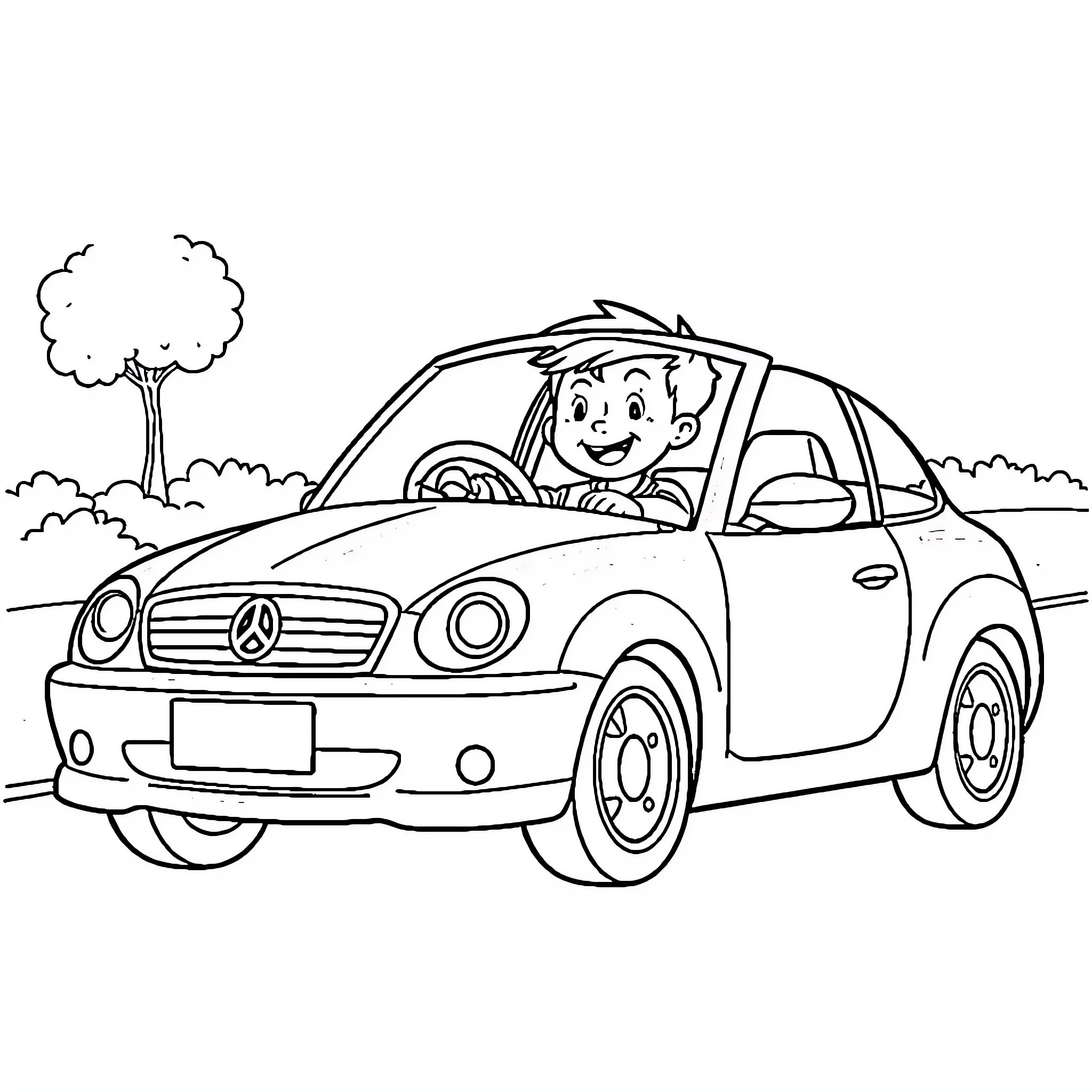 Boy driving a car happily down the road Coloring Page (free black-and-white line drawing printable PDF for all, from beginners to advanced learners, including children, teens, adults, and seniors)