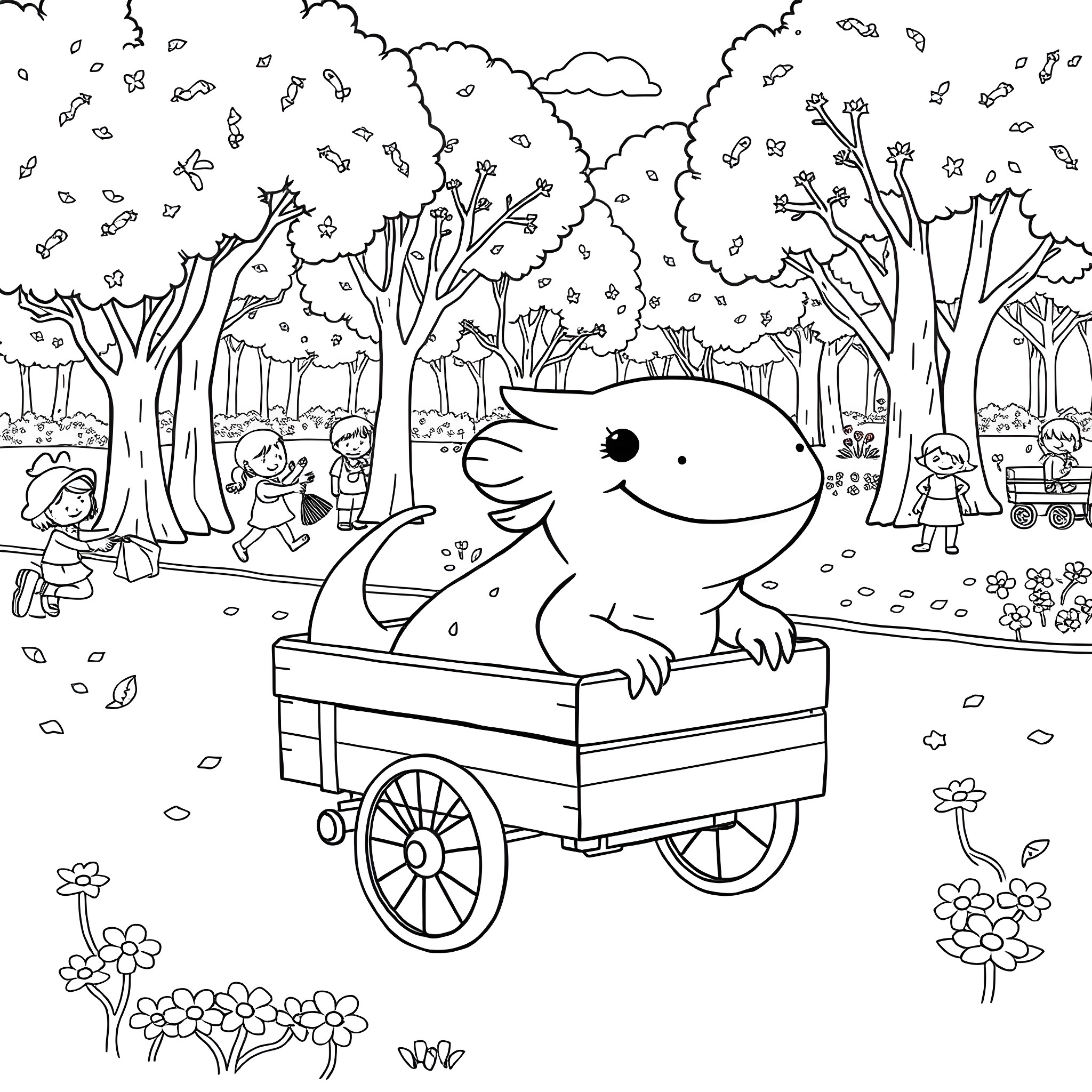 Axolotl riding a wooden cart in a whimsical forest Coloring Page (free black-and-white line drawing printable PDF for all, from beginners to advanced learners, including children, teens, adults, and seniors)