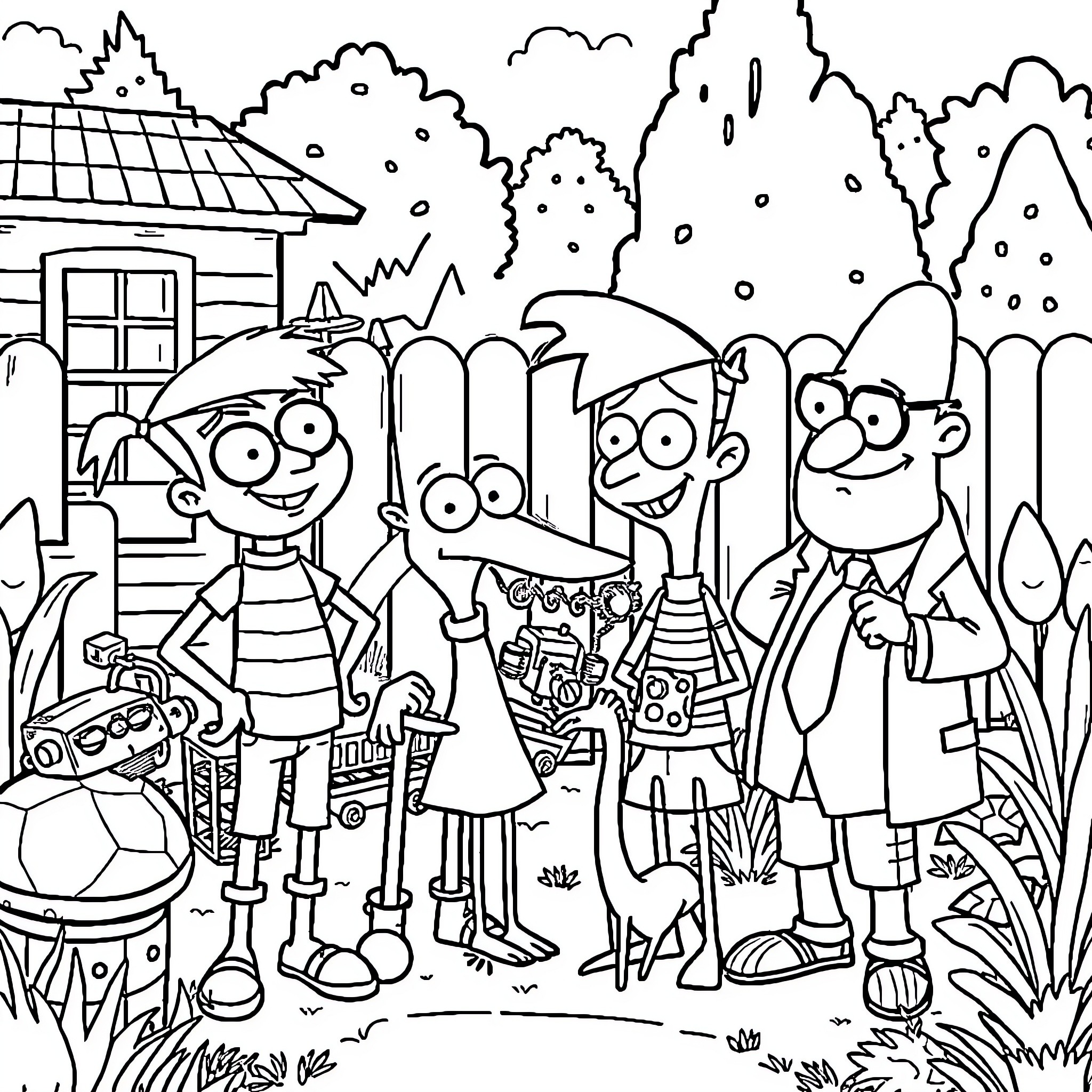 Phineas and Ferb's Backyard Adventure Coloring Page (free black-and-white line drawing printable PDF for all, from beginners to advanced learners, including children, teens, adults, and seniors)