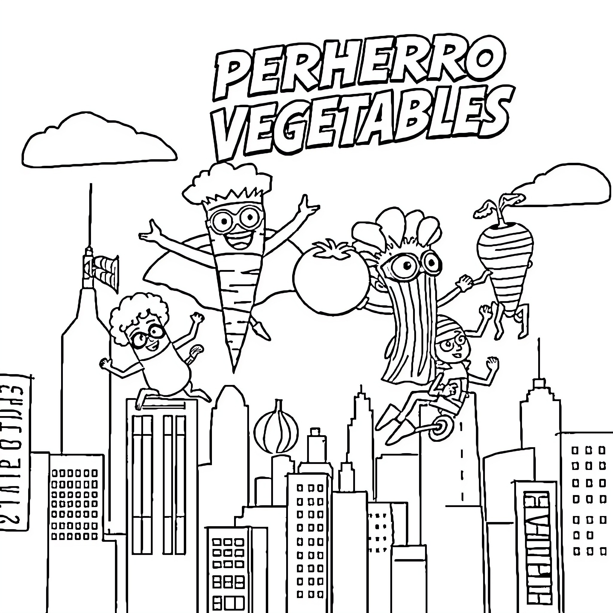 Vegetable superheroes saving the city Coloring Page (free black-and-white line drawing printable PDF for all, from beginners to advanced learners, including children, teens, adults, and seniors)