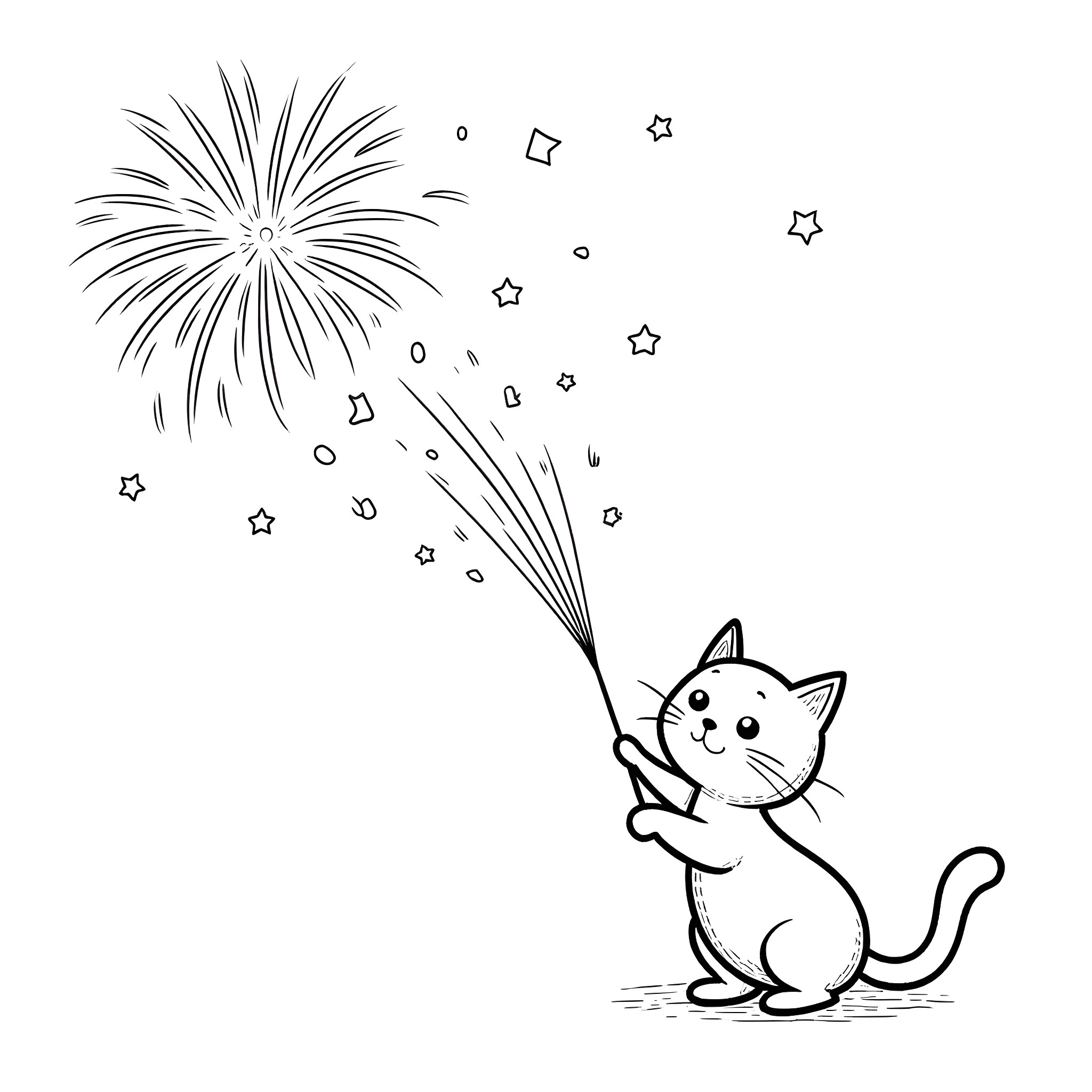 Cat enjoying fireworks display in the night sky Coloring Page (free black-and-white line drawing printable PDF for all, from beginners to advanced learners, including children, teens, adults, and seniors)