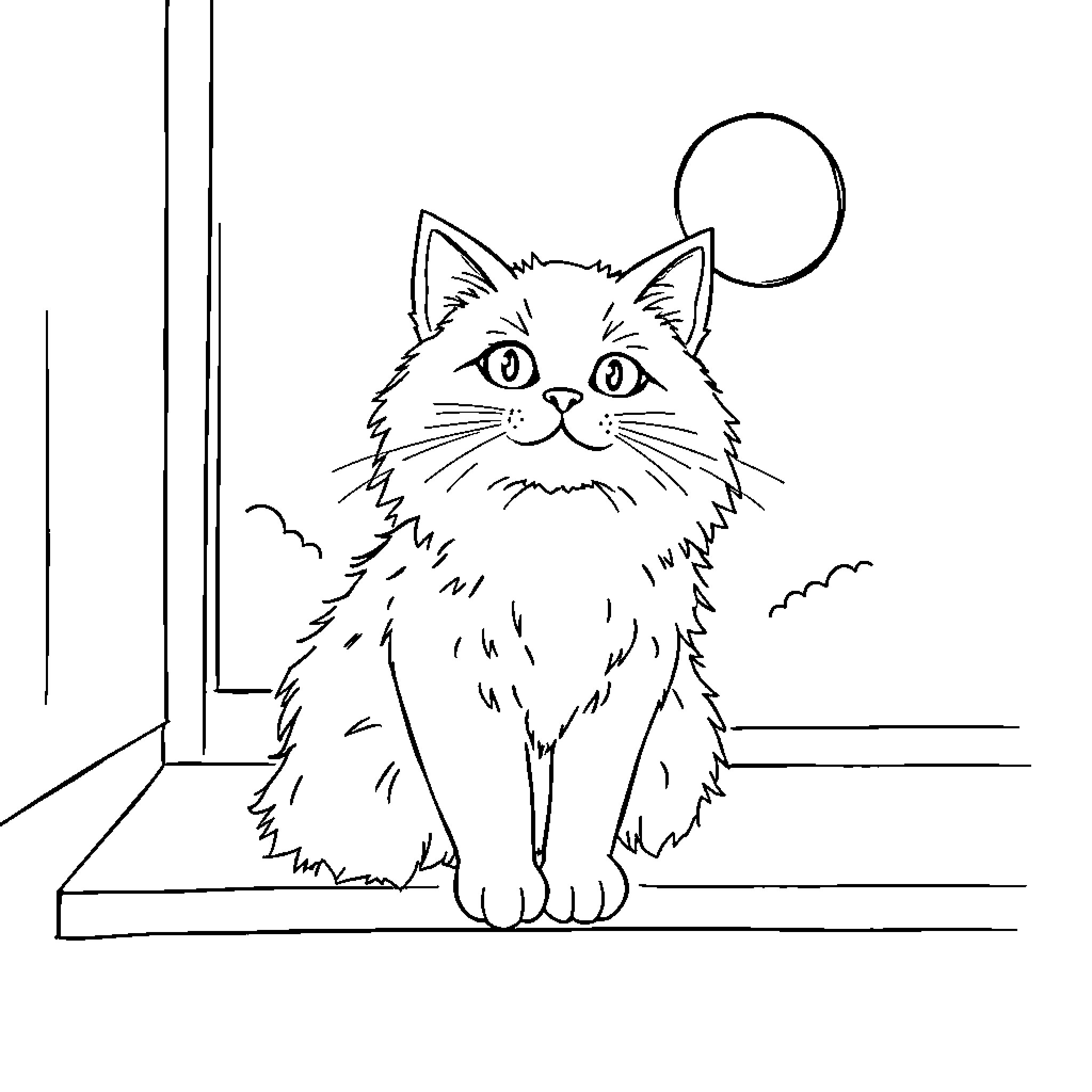 Cat looking out of a window Coloring Page (free black-and-white line drawing printable PDF for all, from beginners to advanced learners, including children, teens, adults, and seniors)