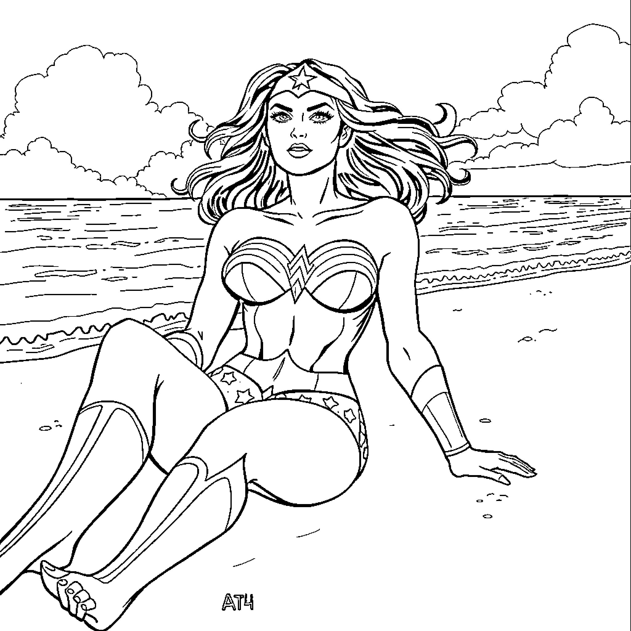 Wonder Woman relaxing on the beach Coloring Page (free black-and-white line drawing printable PDF for all, from beginners to advanced learners, including children, teens, adults, and seniors)