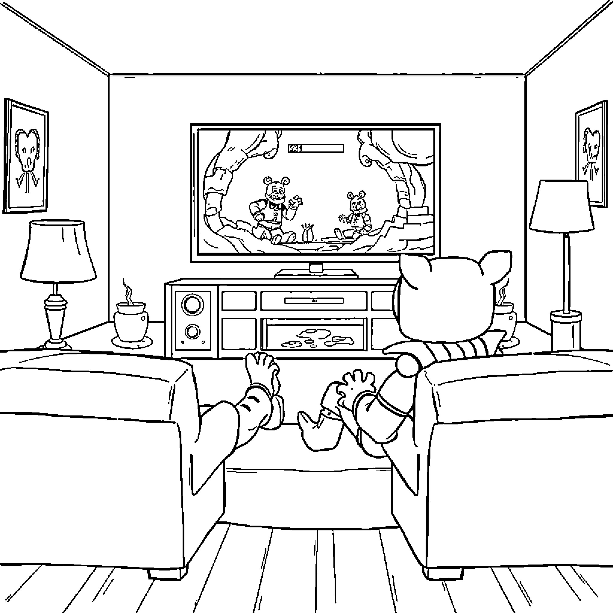 Laufey enjoying a cozy day at home with friends Coloring Page (free black-and-white line drawing printable PDF for all, from beginners to advanced learners, including children, teens, adults, and seniors)