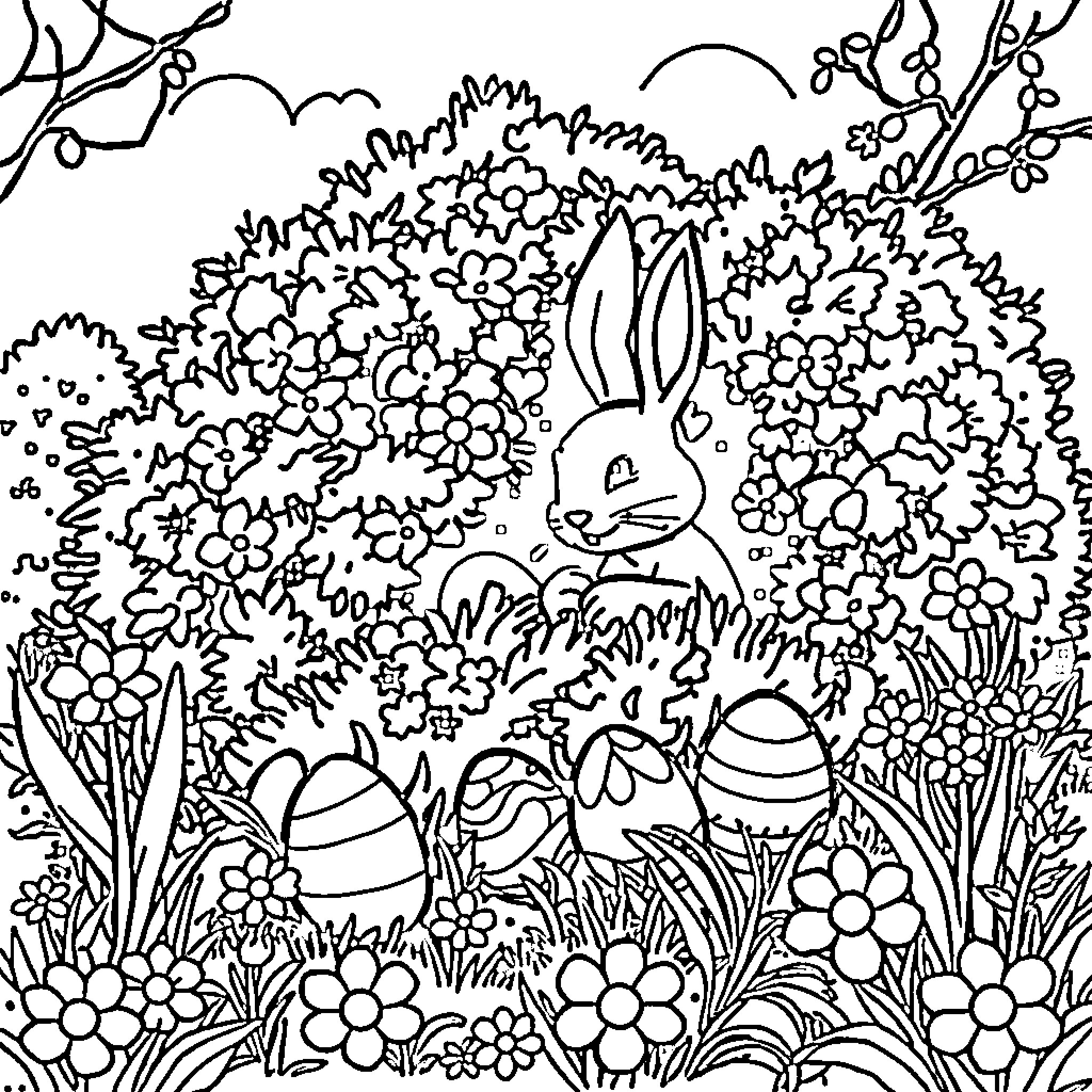 Easter Bunny in a Whimsical Floral Garden Coloring Page (free black-and-white line drawing printable PDF for all, from beginners to advanced learners, including children, teens, adults, and seniors)